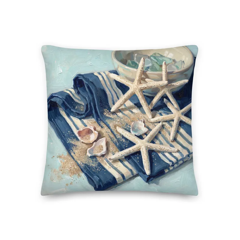Seaside Beachcomber Throw Pillow: Starfish and Sea Glass Coastal Cushion