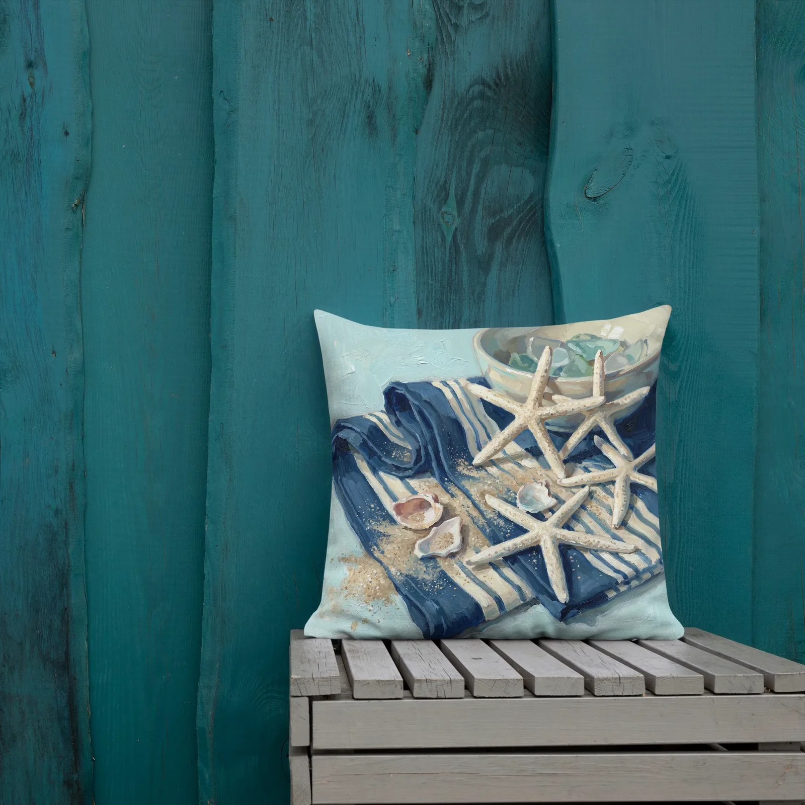 Seaside Beachcomber Throw Pillow: Starfish and Sea Glass Coastal Cushion, photo 5