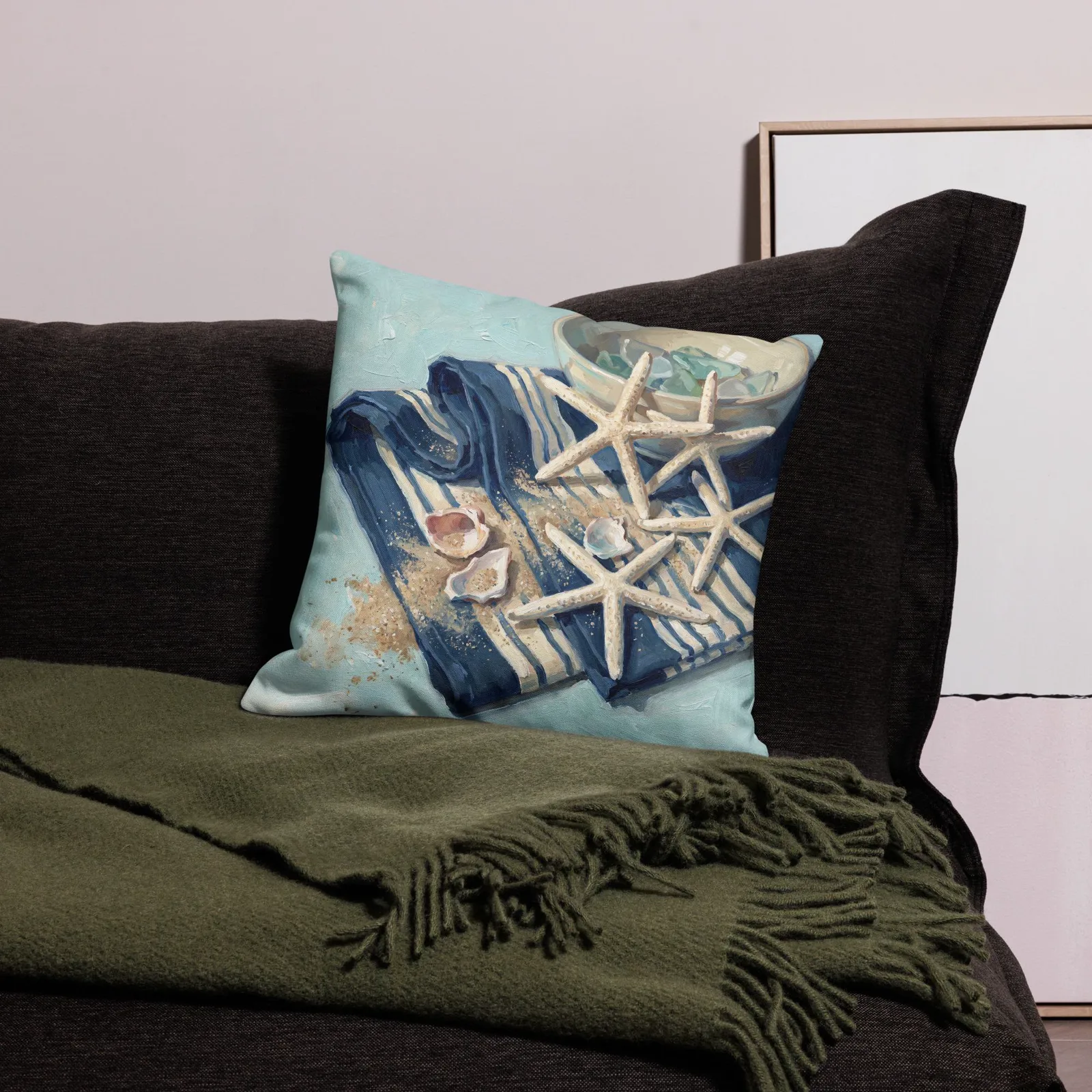 Seaside Beachcomber Throw Pillow: Starfish and Sea Glass Coastal Cushion, photo 6