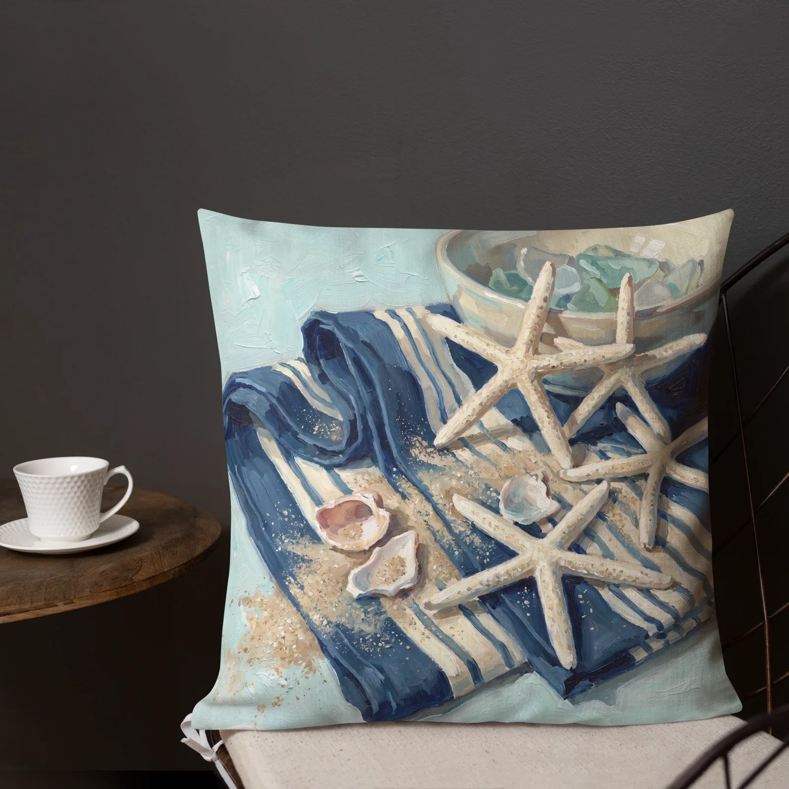 Seaside Beachcomber Throw Pillow: Starfish and Sea Glass Coastal Cushion, photo 3