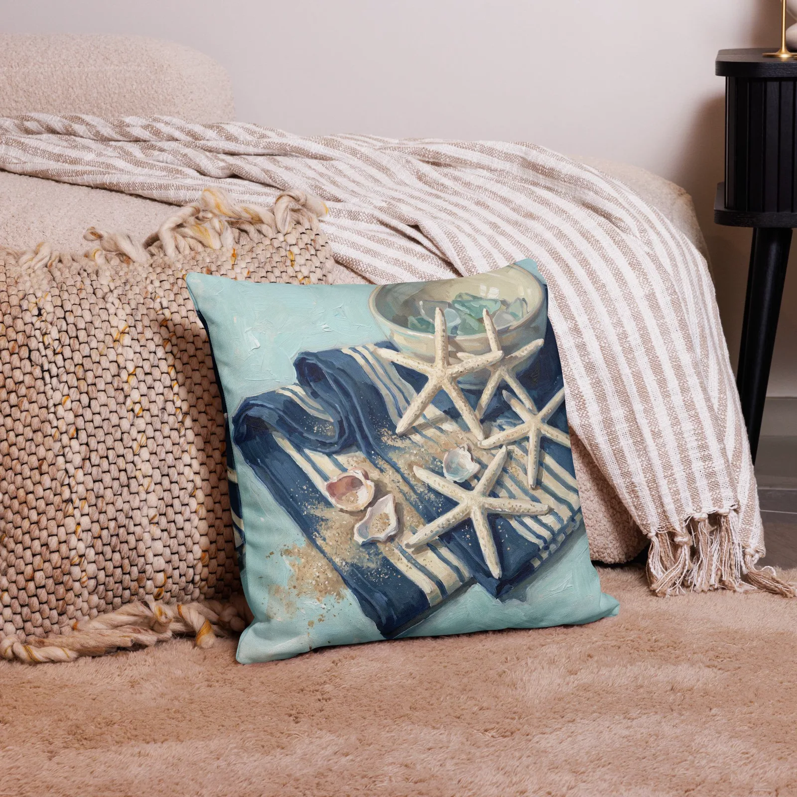 Seaside Beachcomber Throw Pillow: Starfish and Sea Glass Coastal Cushion, photo 8