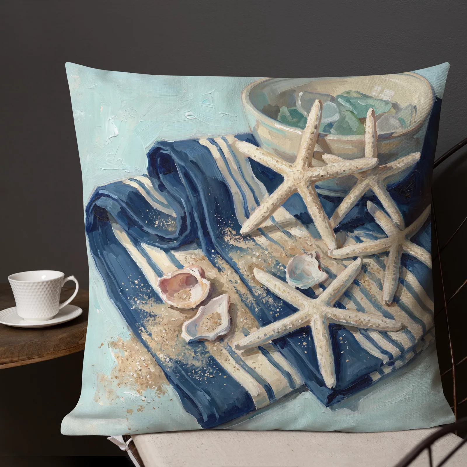 Seaside Beachcomber Throw Pillow: Starfish and Sea Glass Coastal Cushion, photo 2