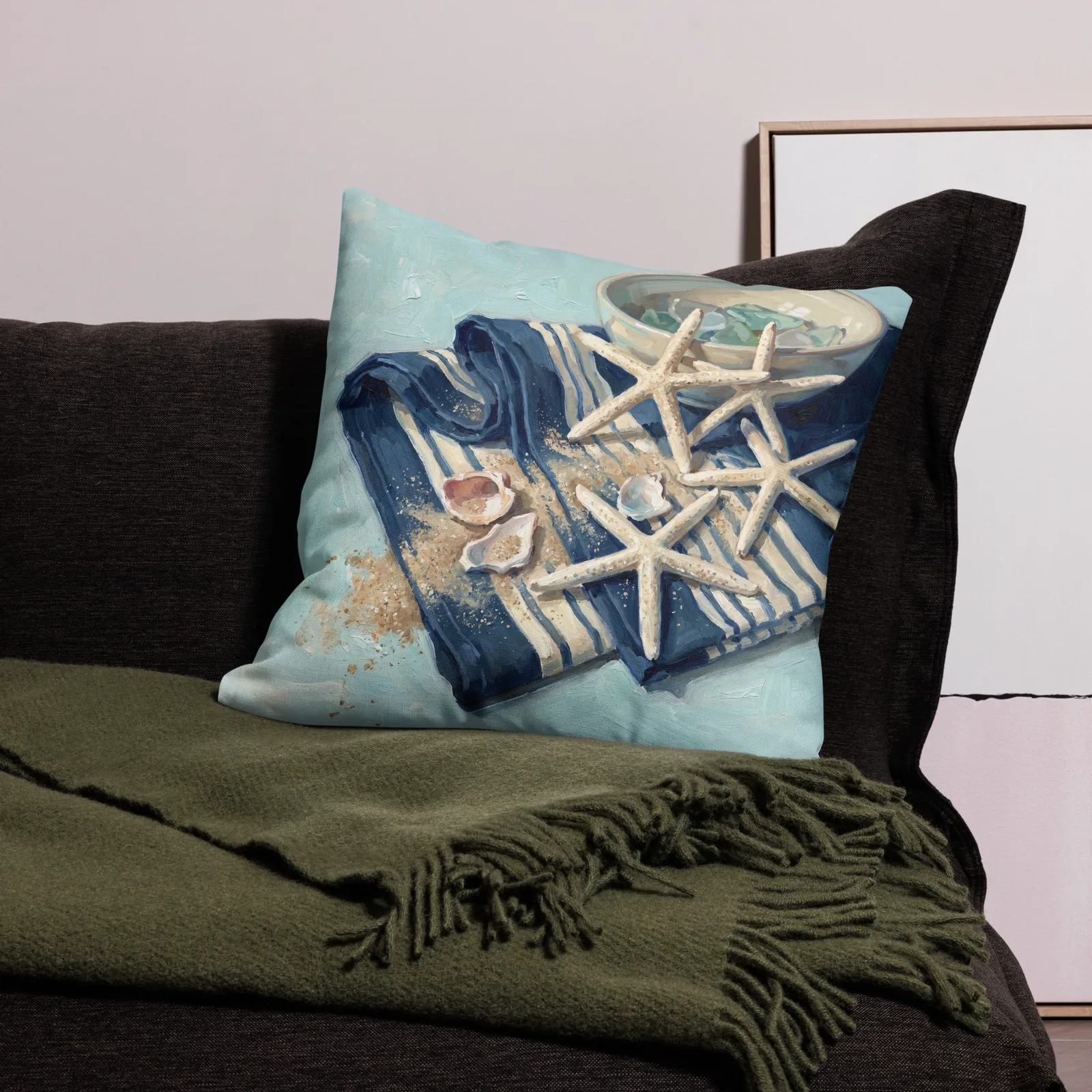 Seaside Beachcomber Throw Pillow: Starfish and Sea Glass Coastal Cushion, photo 7