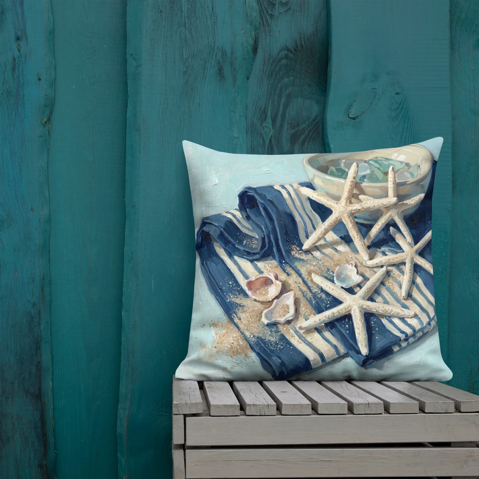 Seaside Beachcomber Throw Pillow: Starfish and Sea Glass Coastal Cushion, photo 4