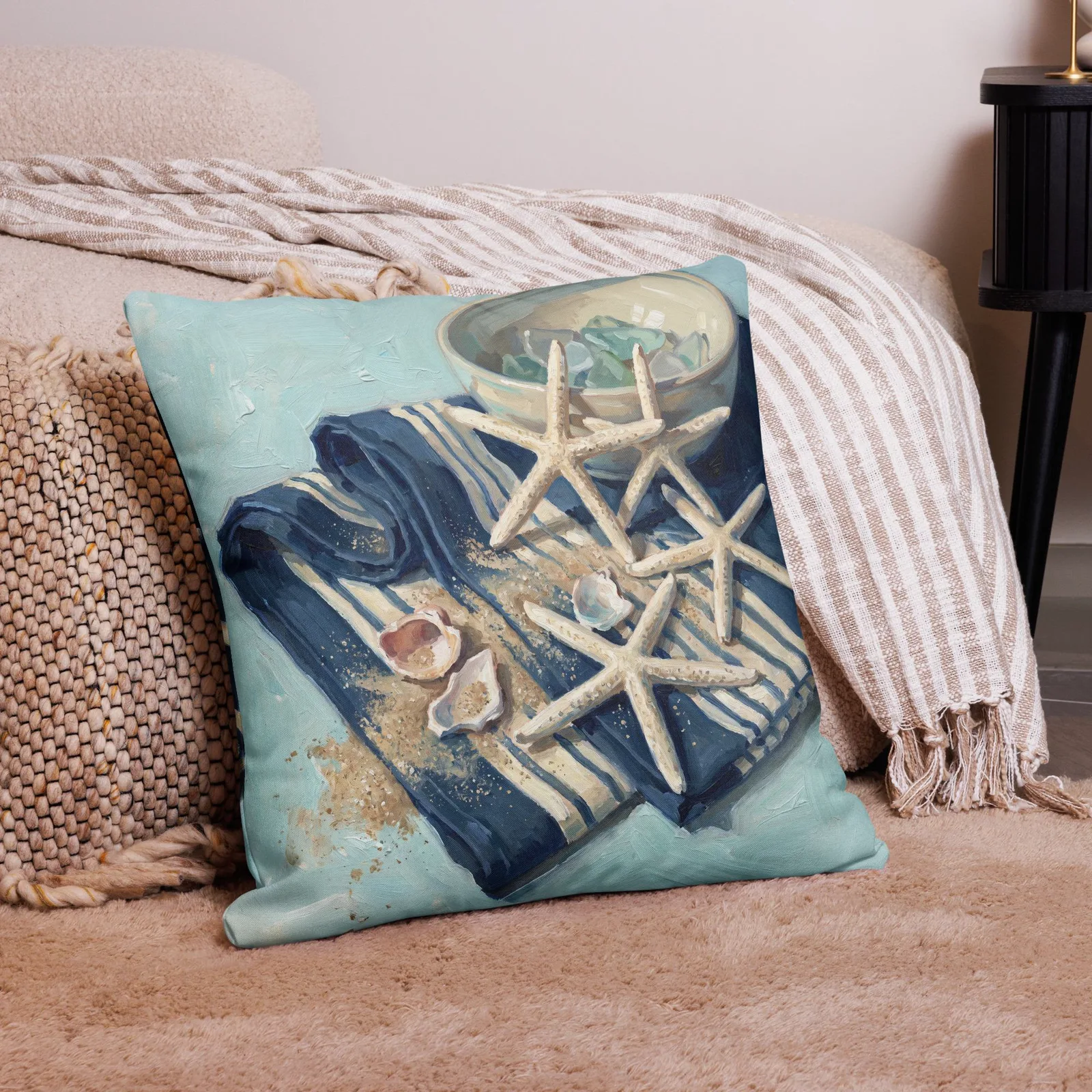 Seaside Beachcomber Throw Pillow: Starfish and Sea Glass Coastal Cushion, photo 9