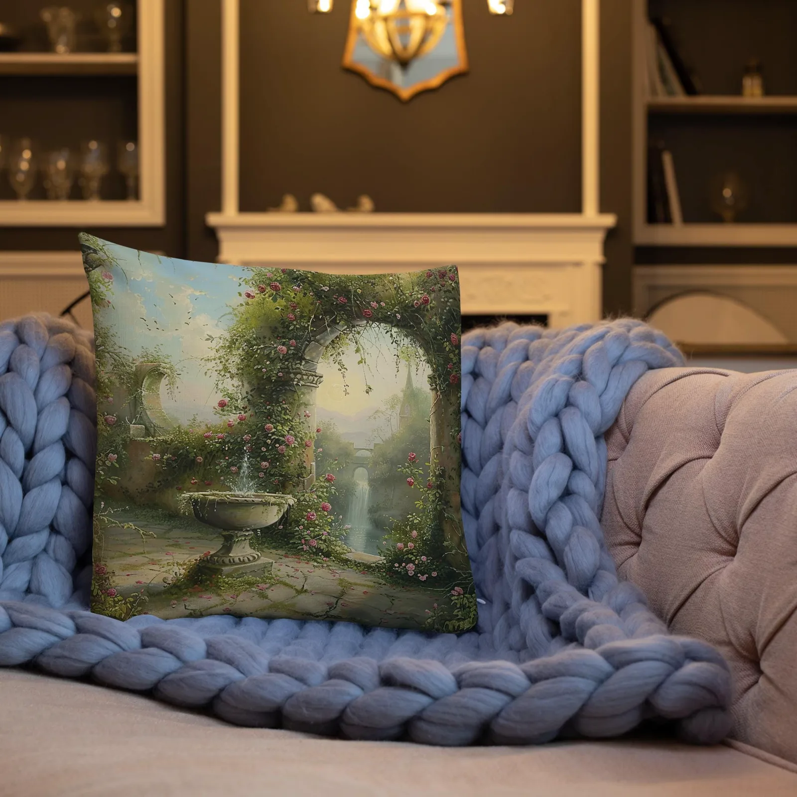 Secret Garden Archway Throw Pillow: Romantic Floral Courtyard Cushion, photo 7