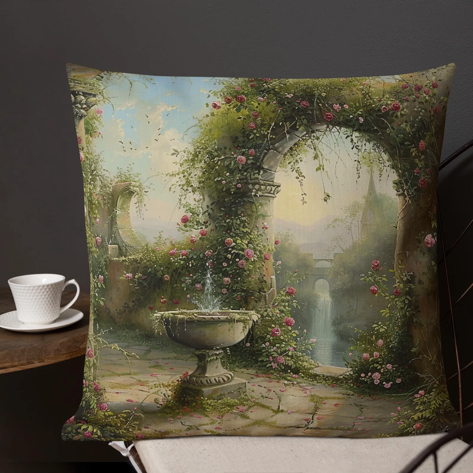 Secret Garden Archway Throw Pillow: Romantic Floral Courtyard Cushion, photo 9