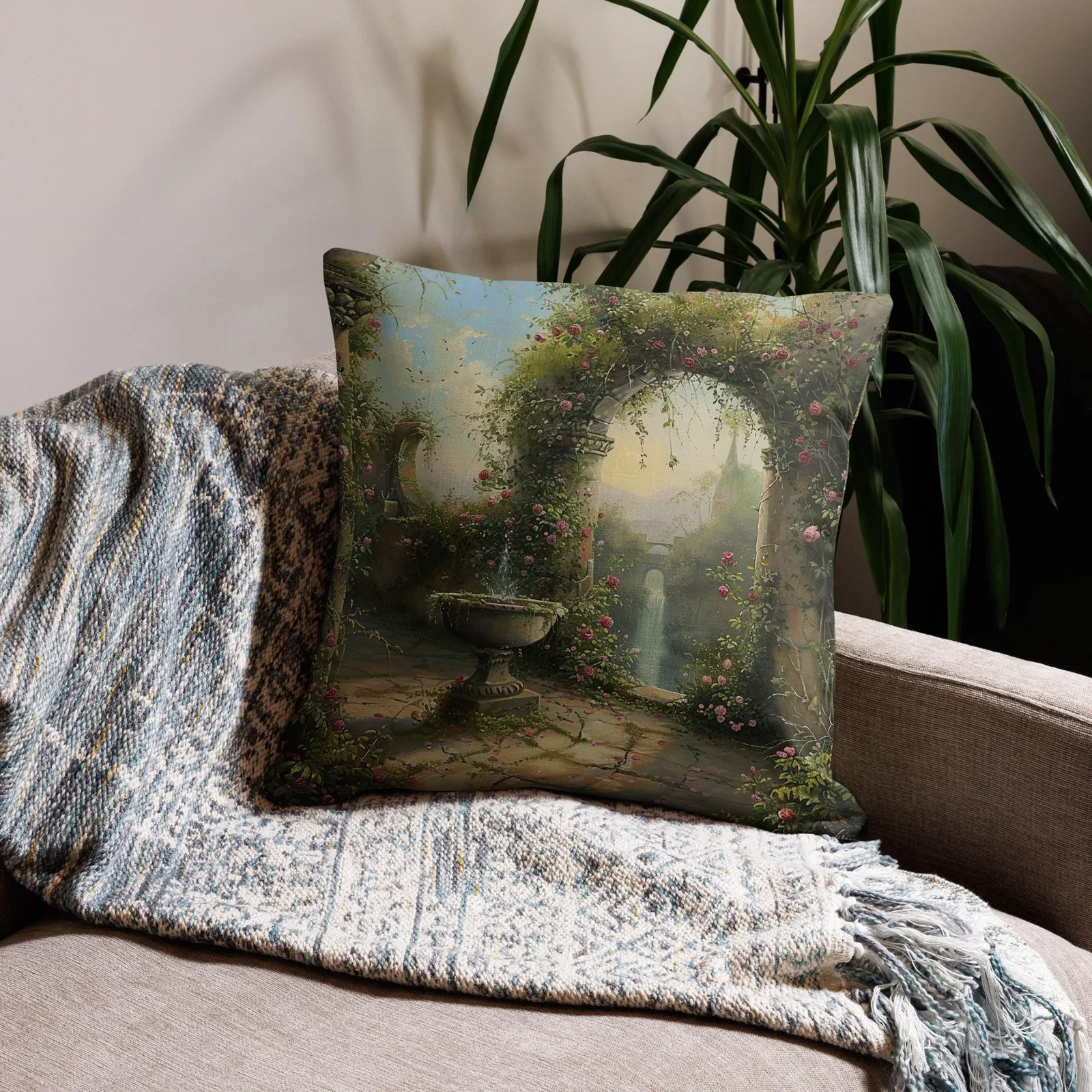 Secret Garden Archway Throw Pillow: Romantic Floral Courtyard Cushion, photo 3