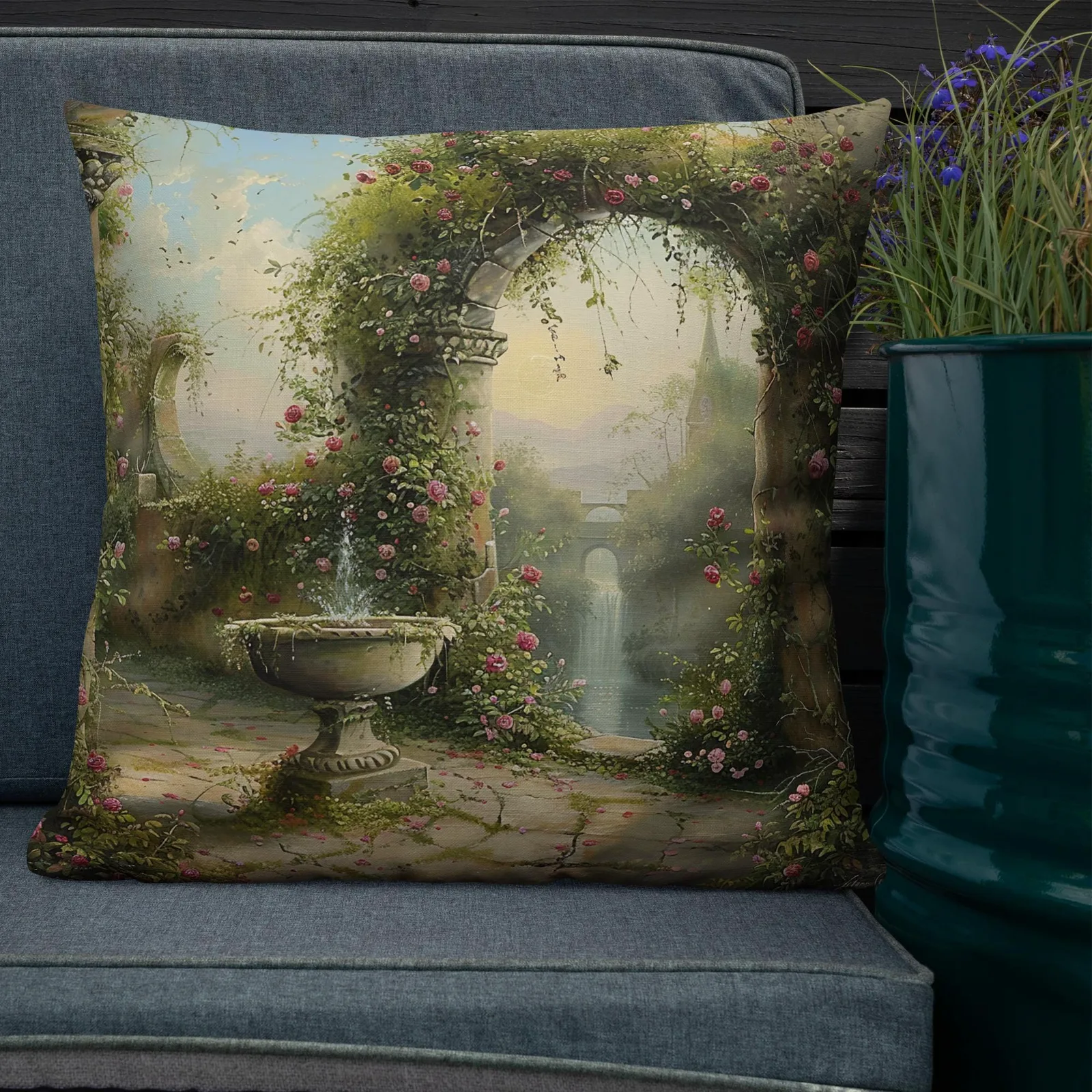 Secret Garden Archway Throw Pillow: Romantic Floral Courtyard Cushion, photo 10