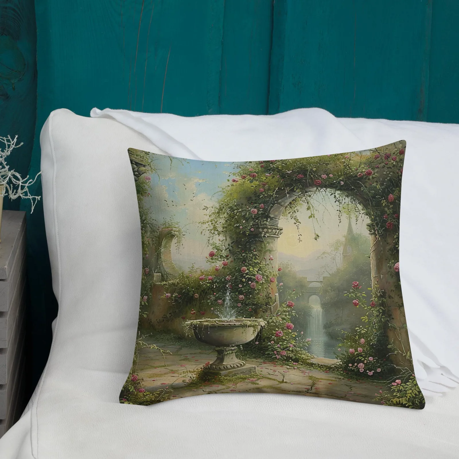 Secret Garden Archway Throw Pillow: Romantic Floral Courtyard Cushion, photo 8