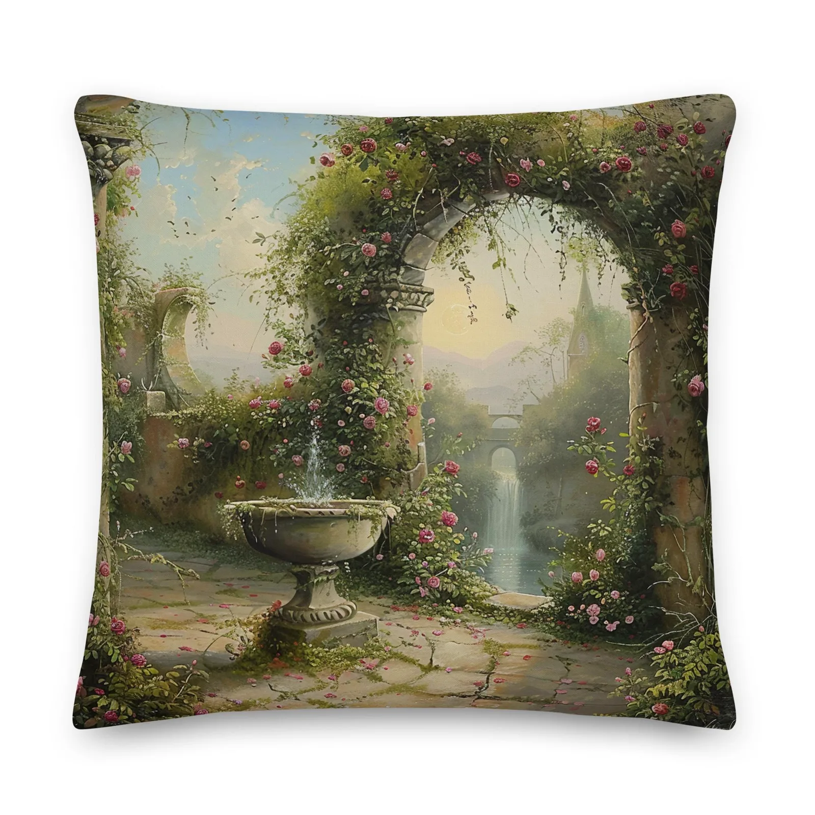 Secret Garden Archway Throw Pillow: Romantic Floral Courtyard Cushion