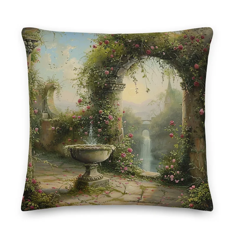 Secret Garden Archway Throw Pillow: Romantic Floral Courtyard Cushion