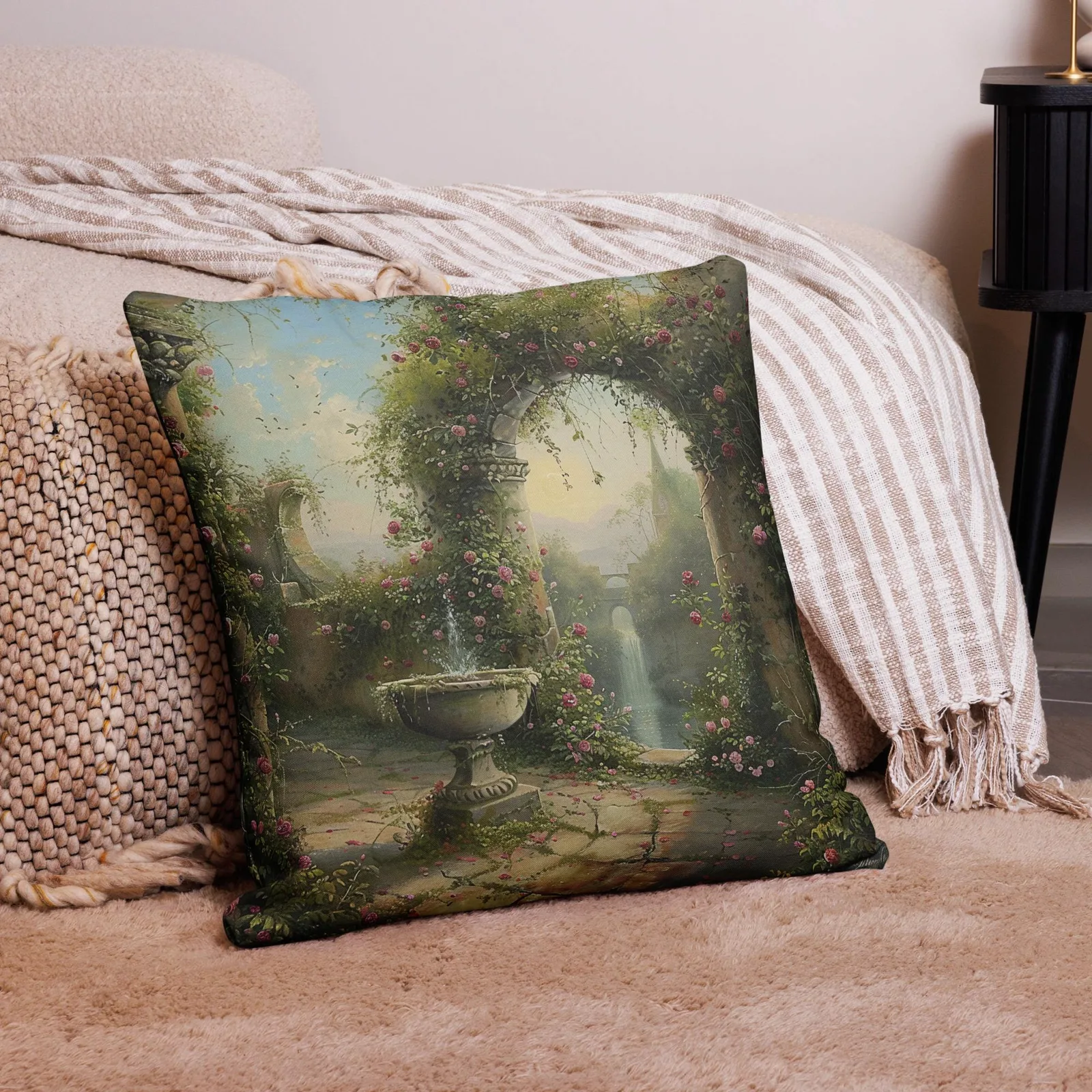 Secret Garden Archway Throw Pillow: Romantic Floral Courtyard Cushion, photo 5