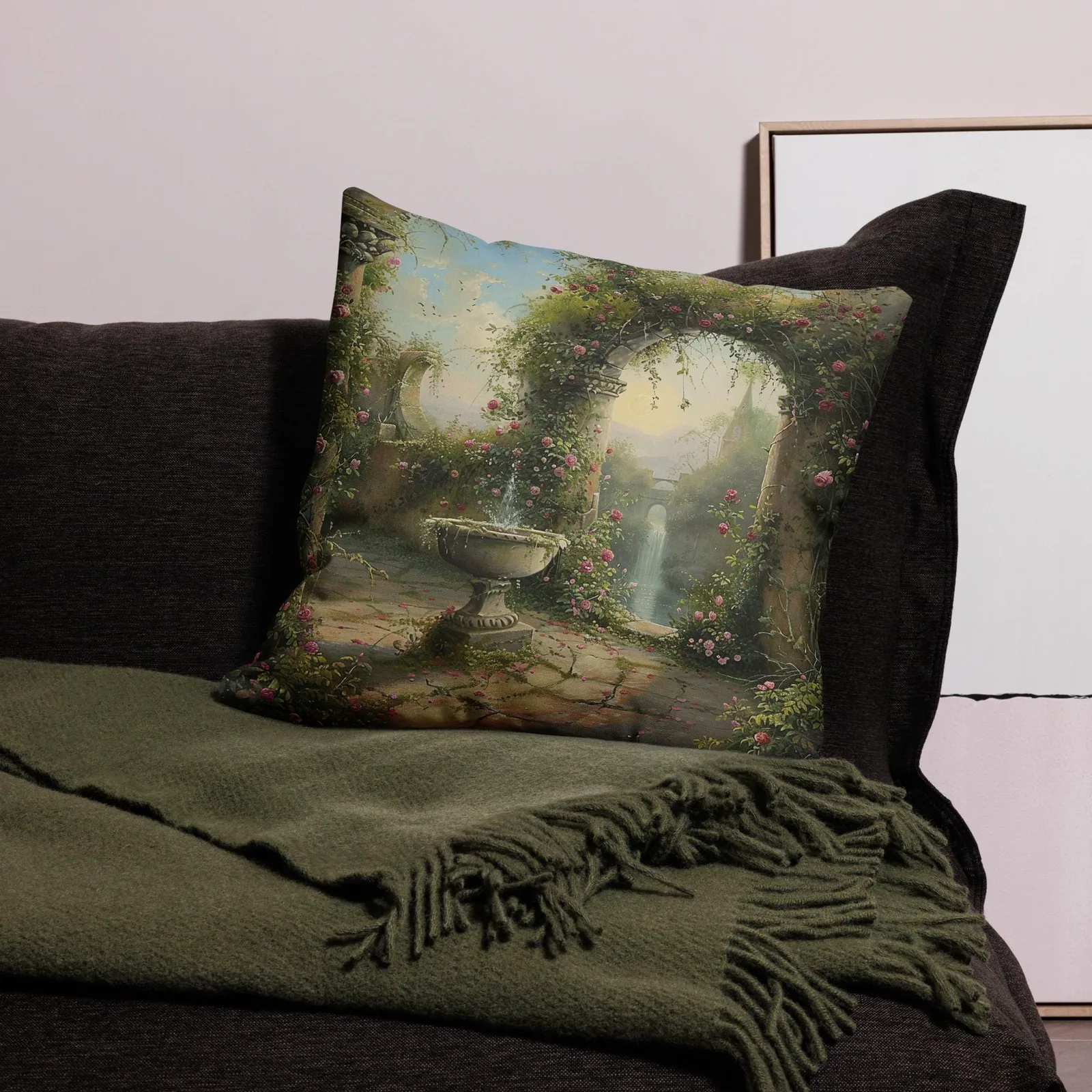 Secret Garden Archway Throw Pillow: Romantic Floral Courtyard Cushion, photo 2