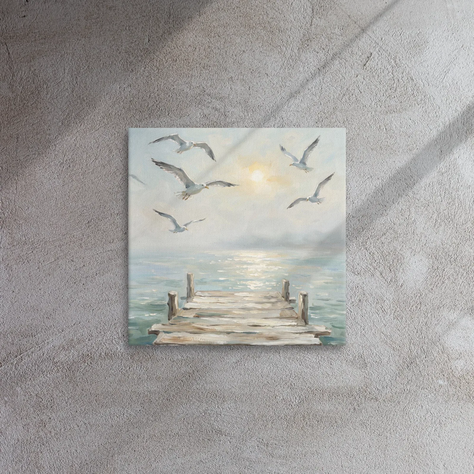 Serene Coastal Seagulls Thin Canvas: Peaceful Ocean Pier Decor Wall Art, photo 3