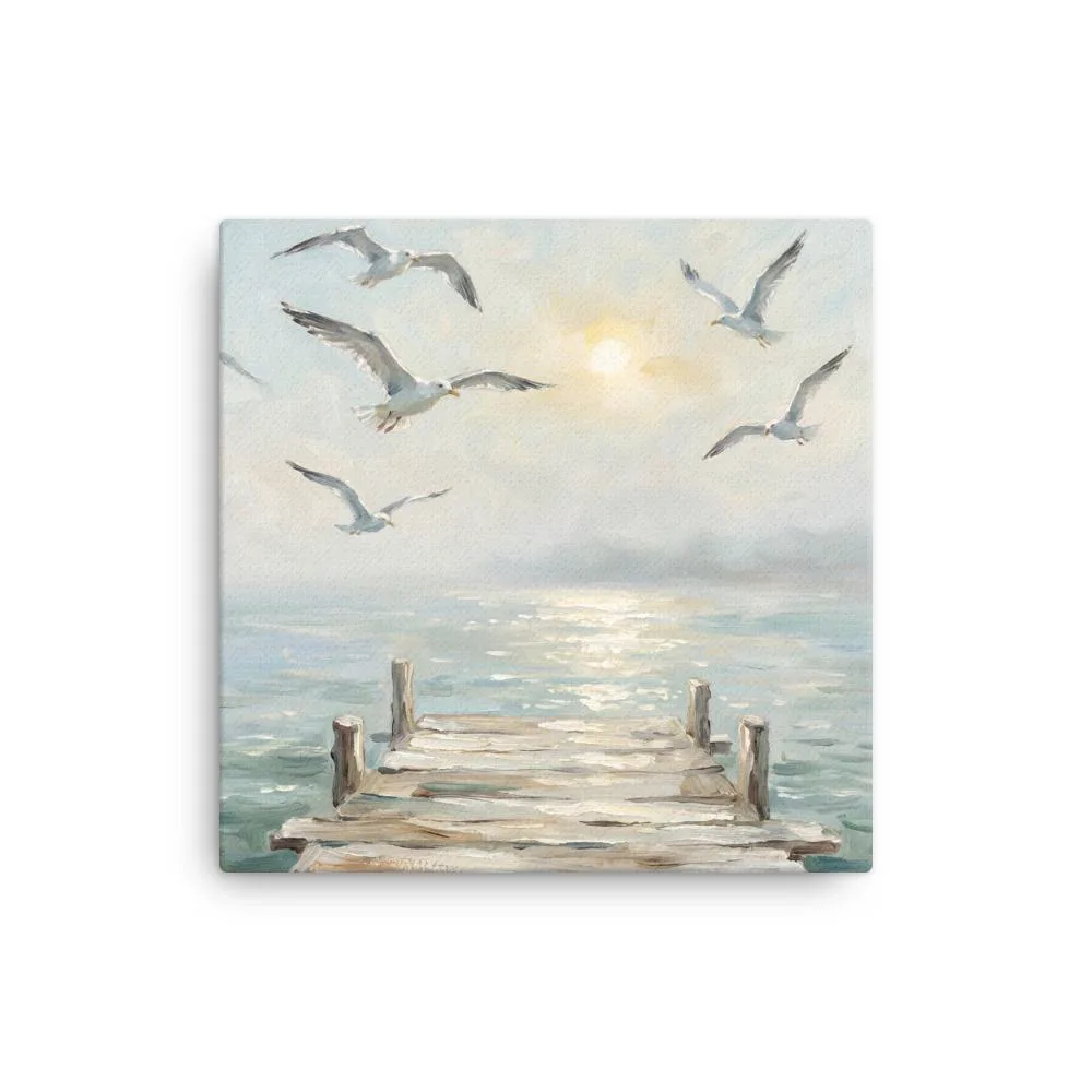 Serene Coastal Seagulls Thin Canvas: Peaceful Ocean Pier Decor Wall Art