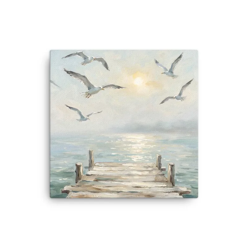 Serene Coastal Seagulls Thin Canvas: Peaceful Ocean Pier Decor Wall Art