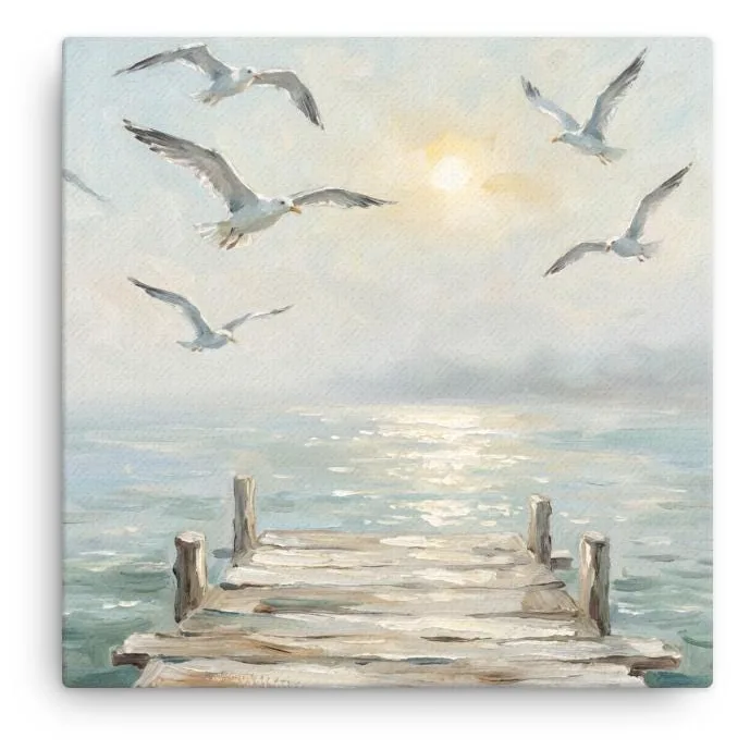 Serene Coastal Seagulls Thin Canvas: Peaceful Ocean Pier Decor Wall Art