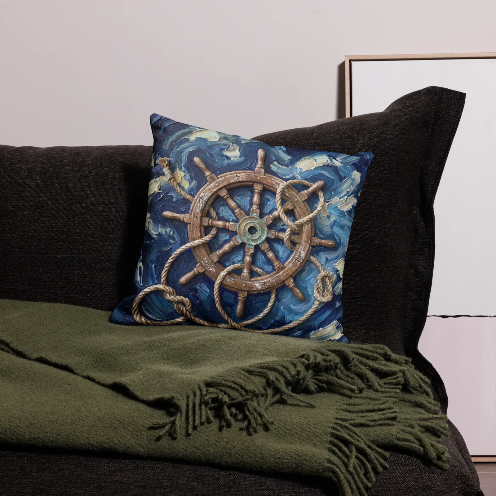 Ship Wheel Throw Pillow: Impasto Vintage Helm Cushion, lifestyle front view