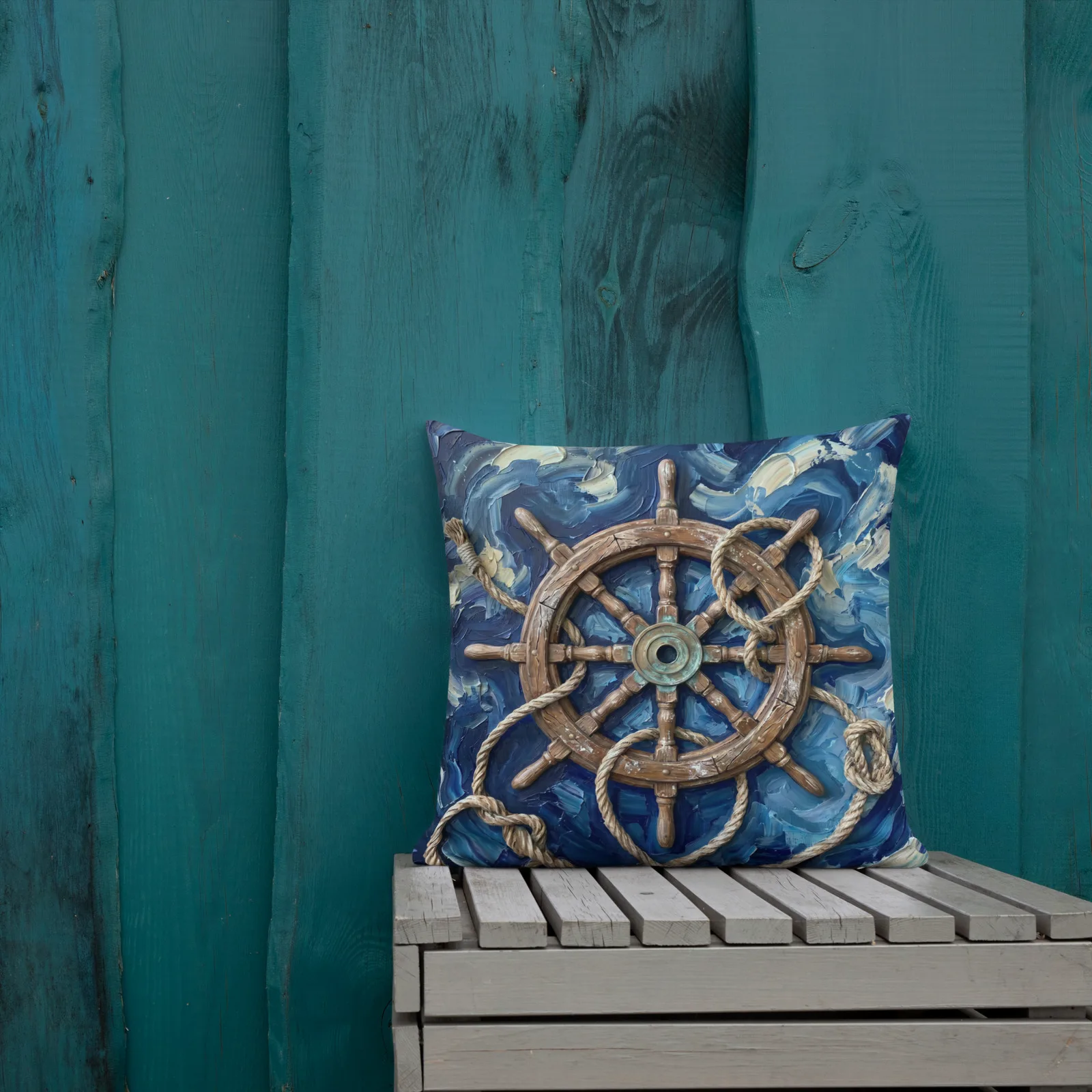 Ship Wheel Throw Pillow: Impasto Vintage Helm Cushion, outdoors lifestyle front 1 view