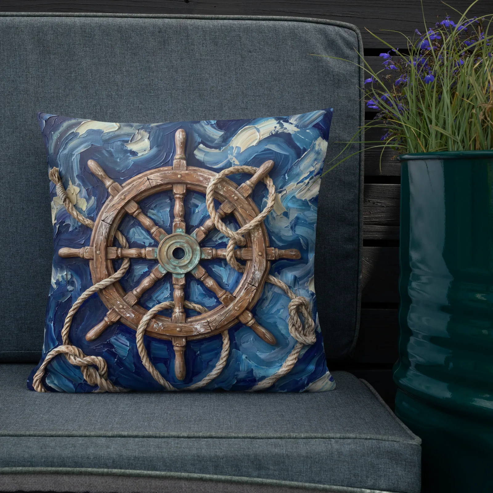 Ship Wheel Throw Pillow: Impasto Vintage Helm Cushion, outdoors lifestyle front 2 view
