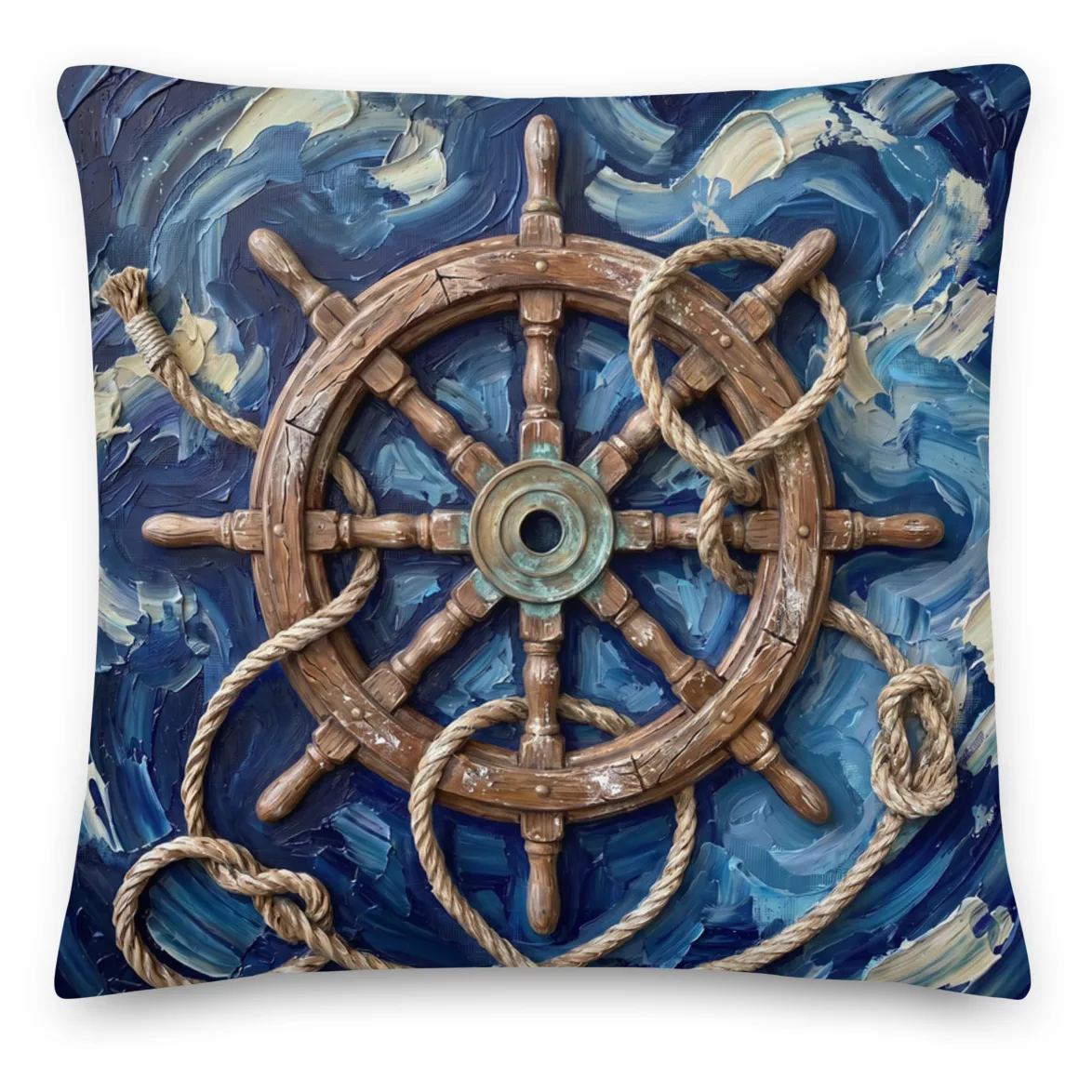Ship Wheel Throw Pillow: Impasto Vintage Helm Cushion, front view