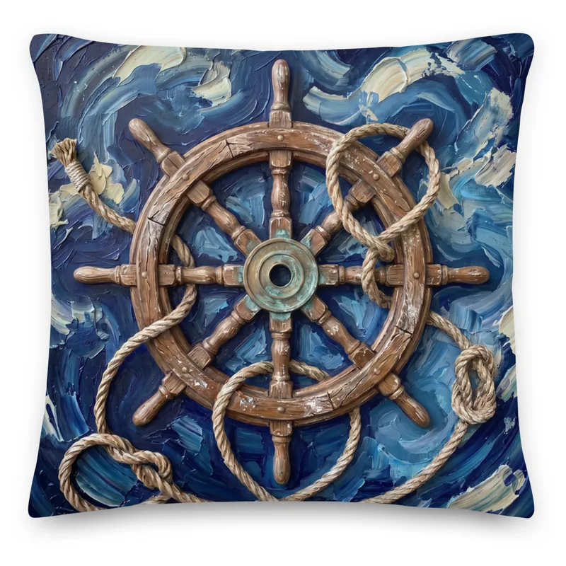 Ship Wheel Throw Pillow: Impasto Vintage Helm Cushion