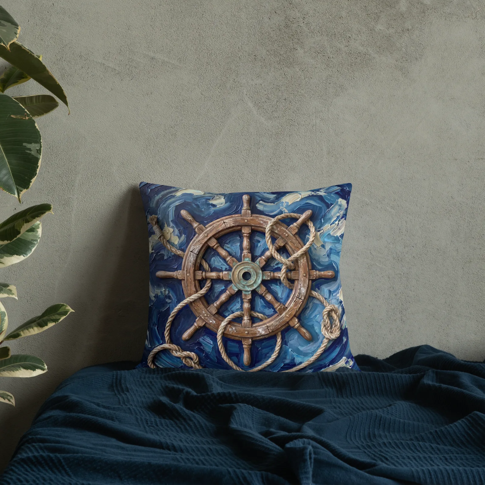 Ship Wheel Throw Pillow: Impasto Vintage Helm Cushion, indoors lifestyle front 8 view