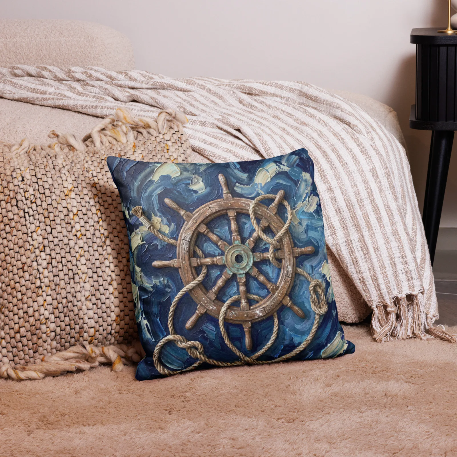 Ship Wheel Throw Pillow: Impasto Vintage Helm Cushion, lifestyle 4 front view
