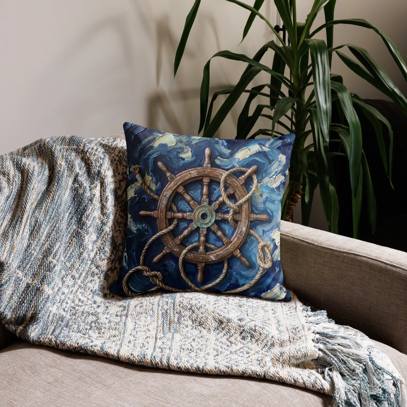 Ship Wheel Throw Pillow: Impasto Vintage Helm Cushion, lifestyle 2 front view