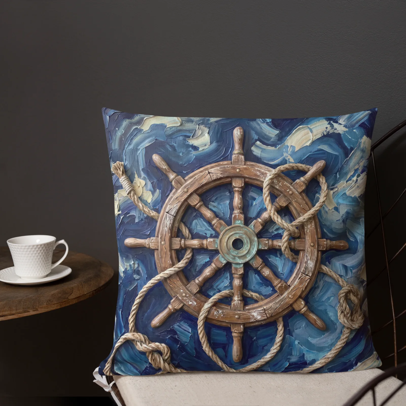 Ship Wheel Throw Pillow: Impasto Vintage Helm Cushion, outdoors lifestyle front 3 view