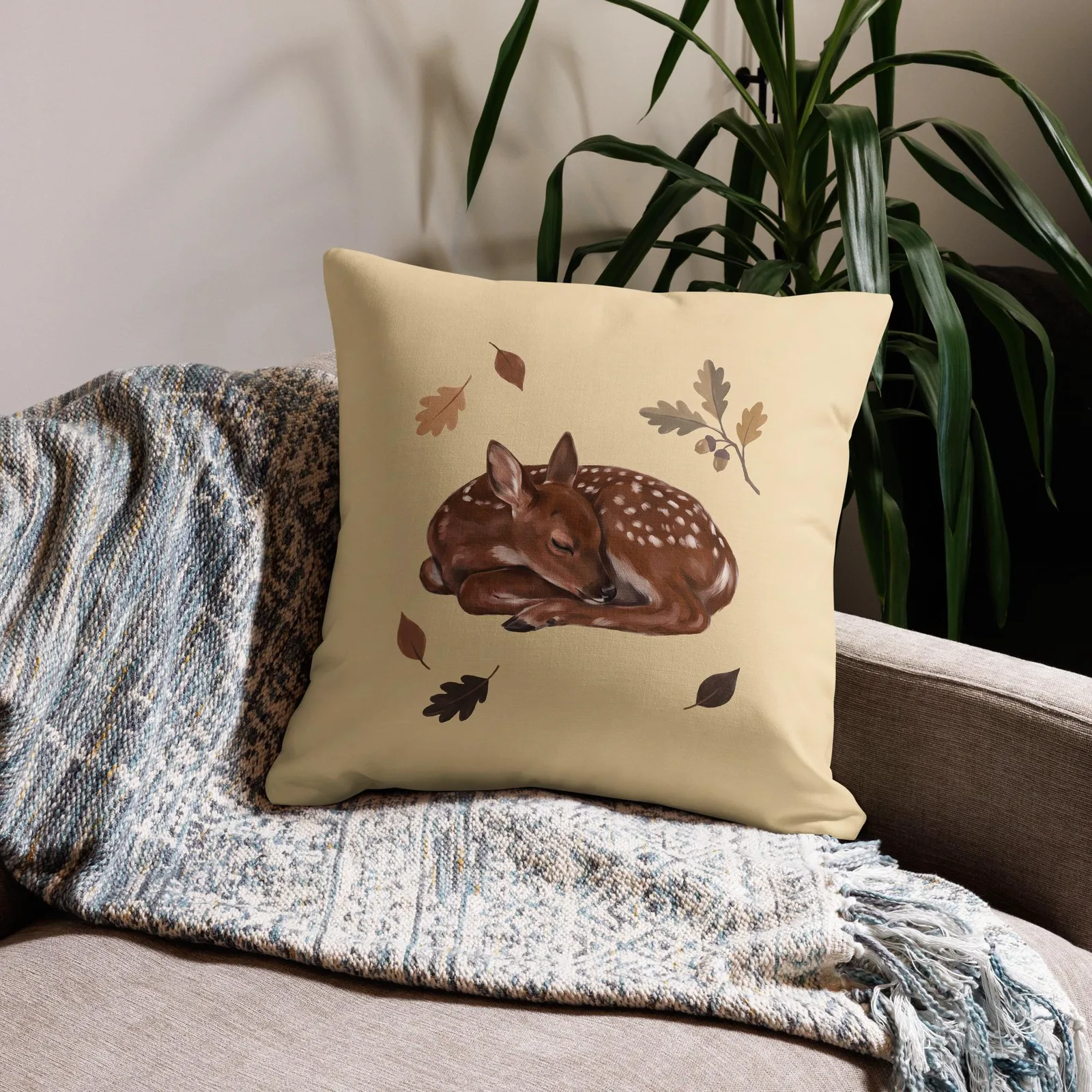 Sleeping Fawn Throw Pillow: Autumn Woodland Cream Decor Cushion, photo 7