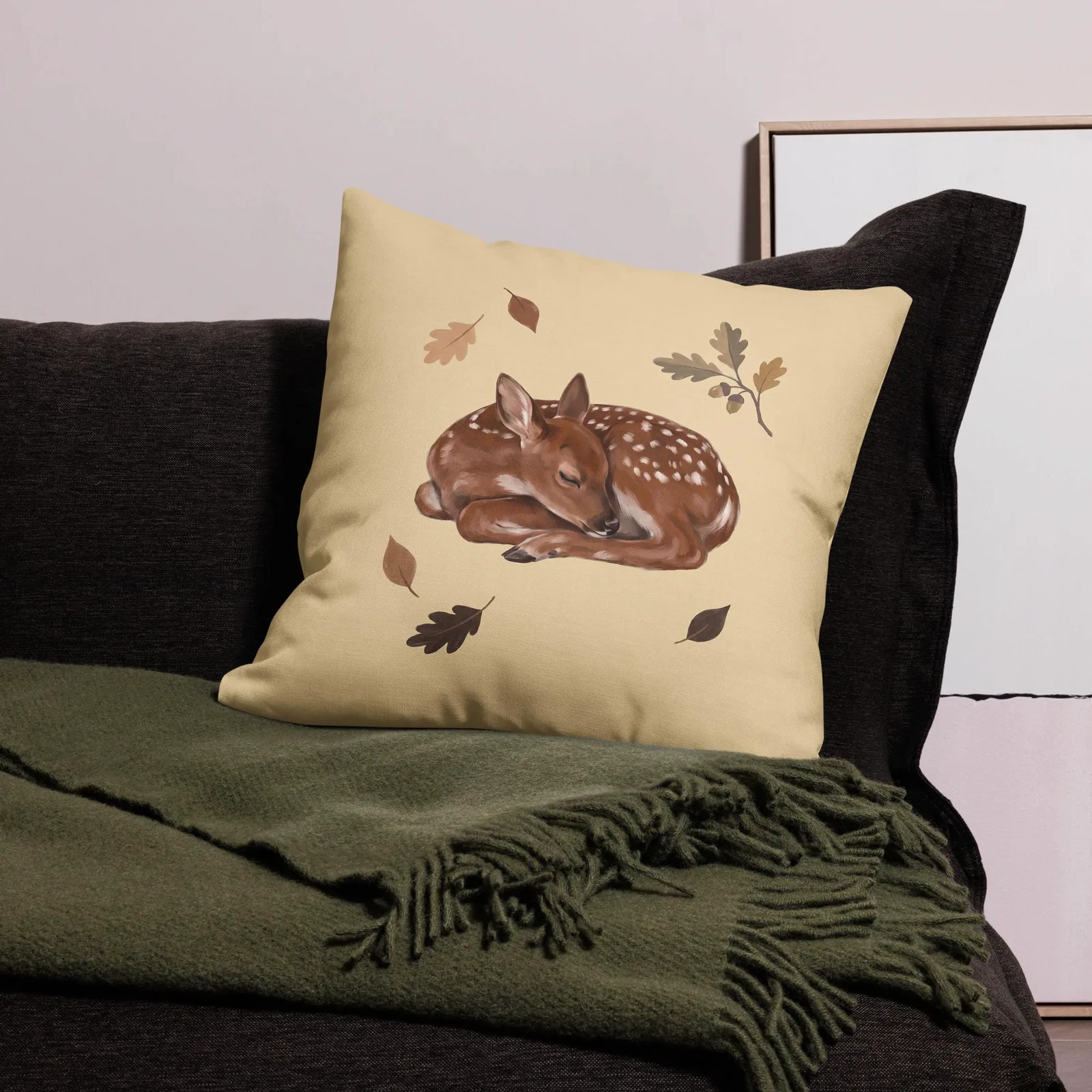 Sleeping Fawn Throw Pillow: Autumn Woodland Cream Decor Cushion, photo 10