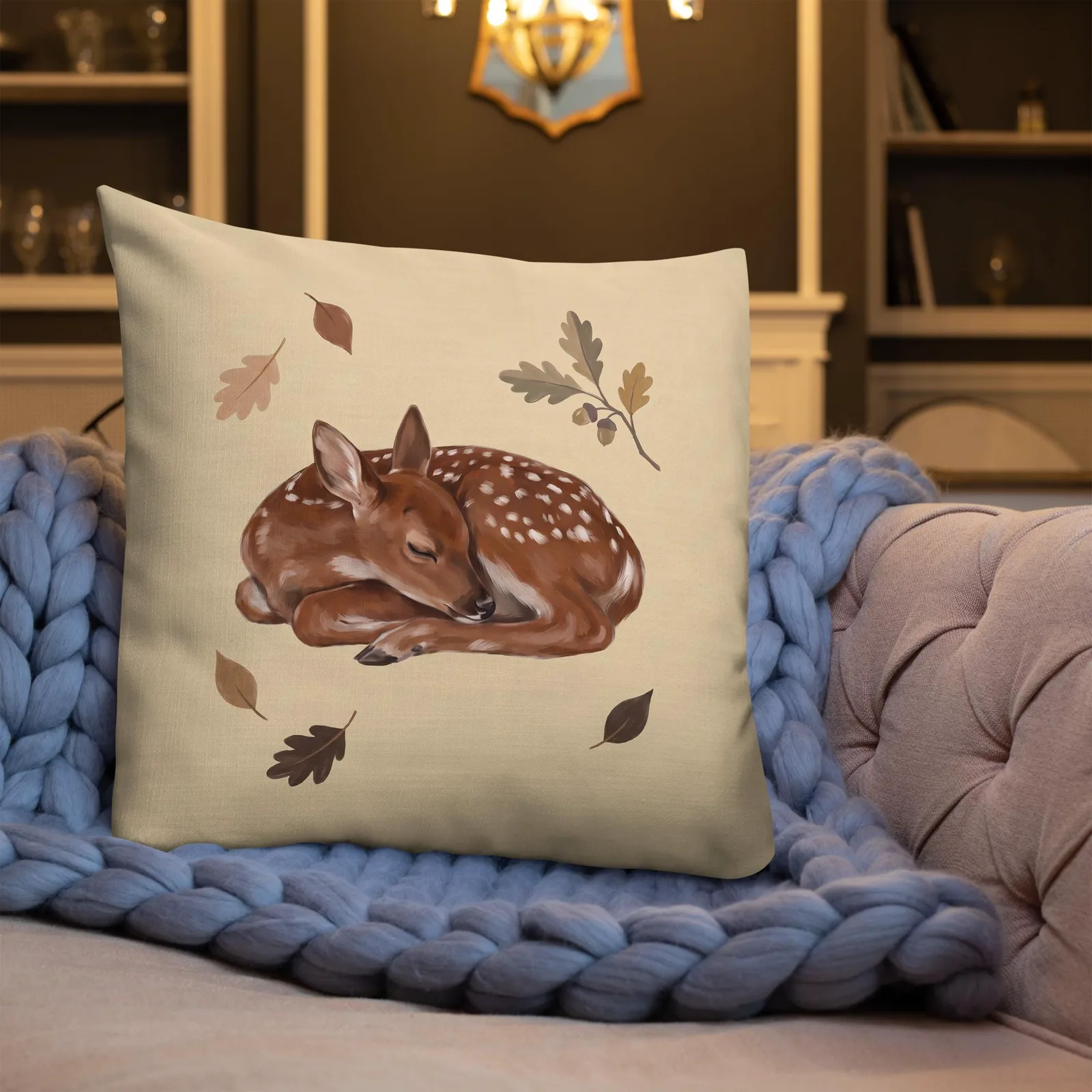 Sleeping Fawn Throw Pillow: Autumn Woodland Cream Decor Cushion, photo 3