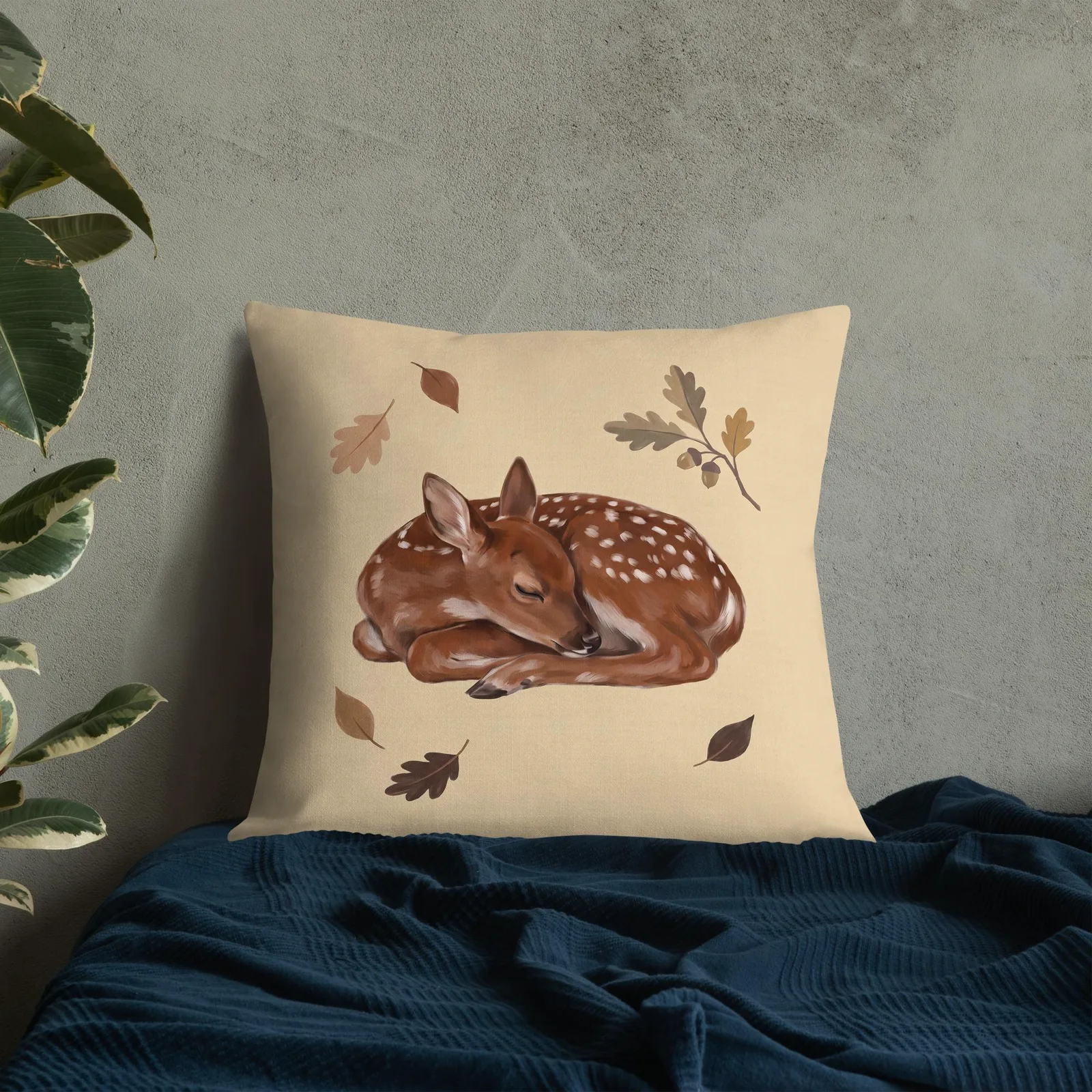 Sleeping Fawn Throw Pillow: Autumn Woodland Cream Decor Cushion, photo 9