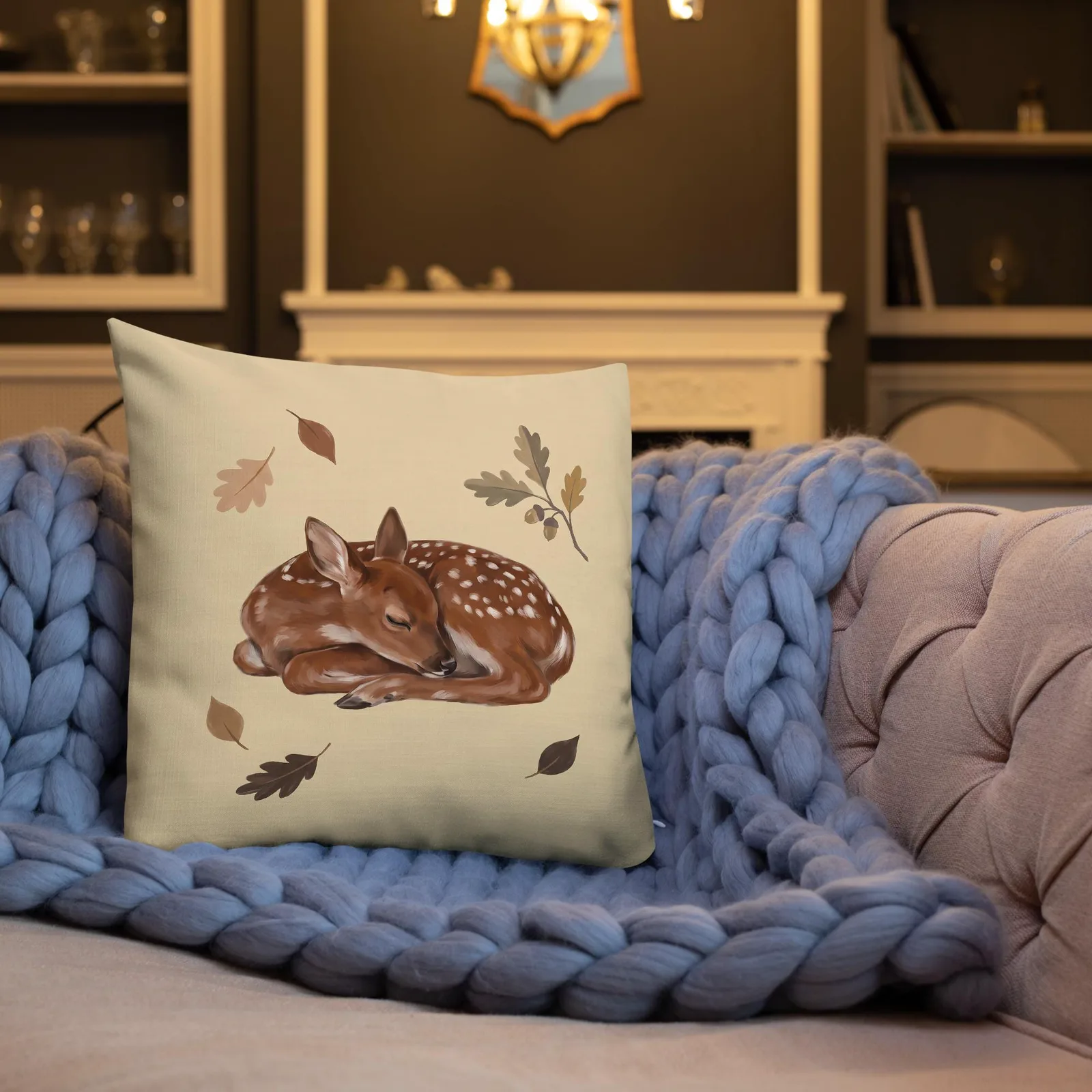 Sleeping Fawn Throw Pillow: Autumn Woodland Cream Decor Cushion, photo 2