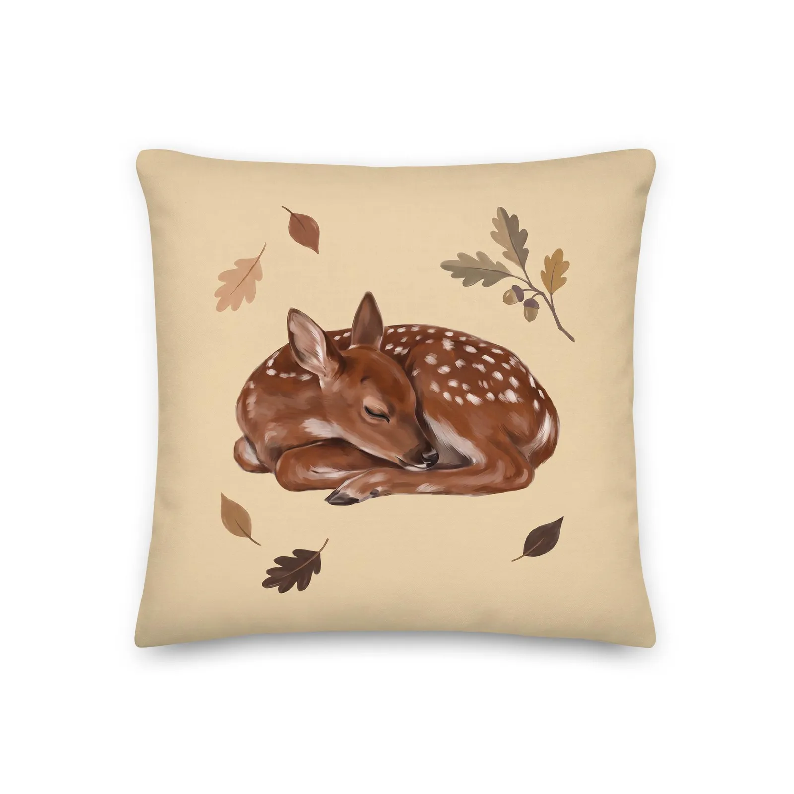 Sleeping Fawn Throw Pillow: Autumn Woodland Cream Decor Cushion