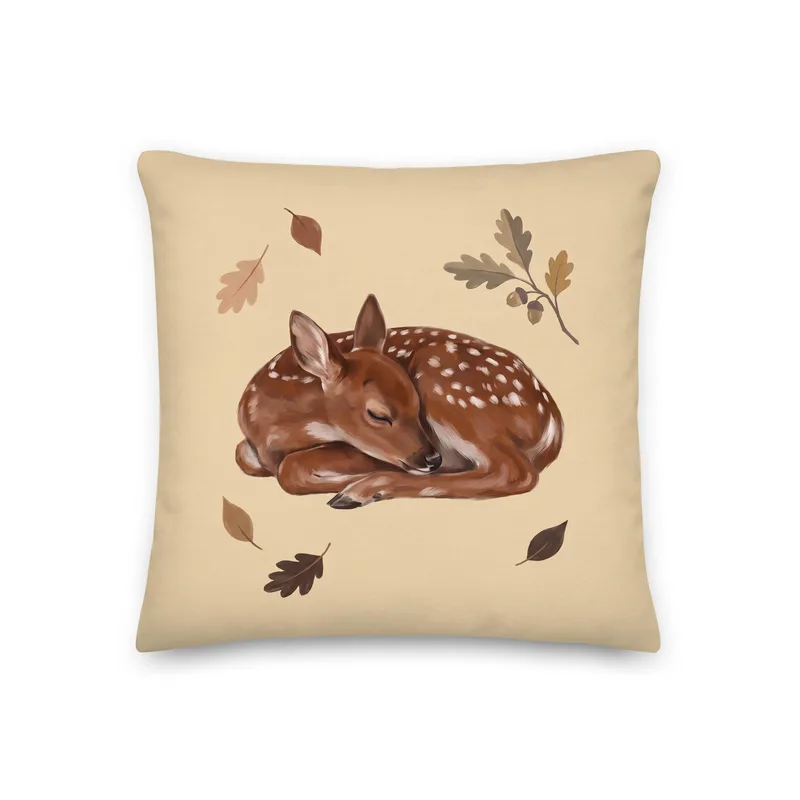 Sleeping Fawn Throw Pillow: Autumn Woodland Cream Decor Cushion
