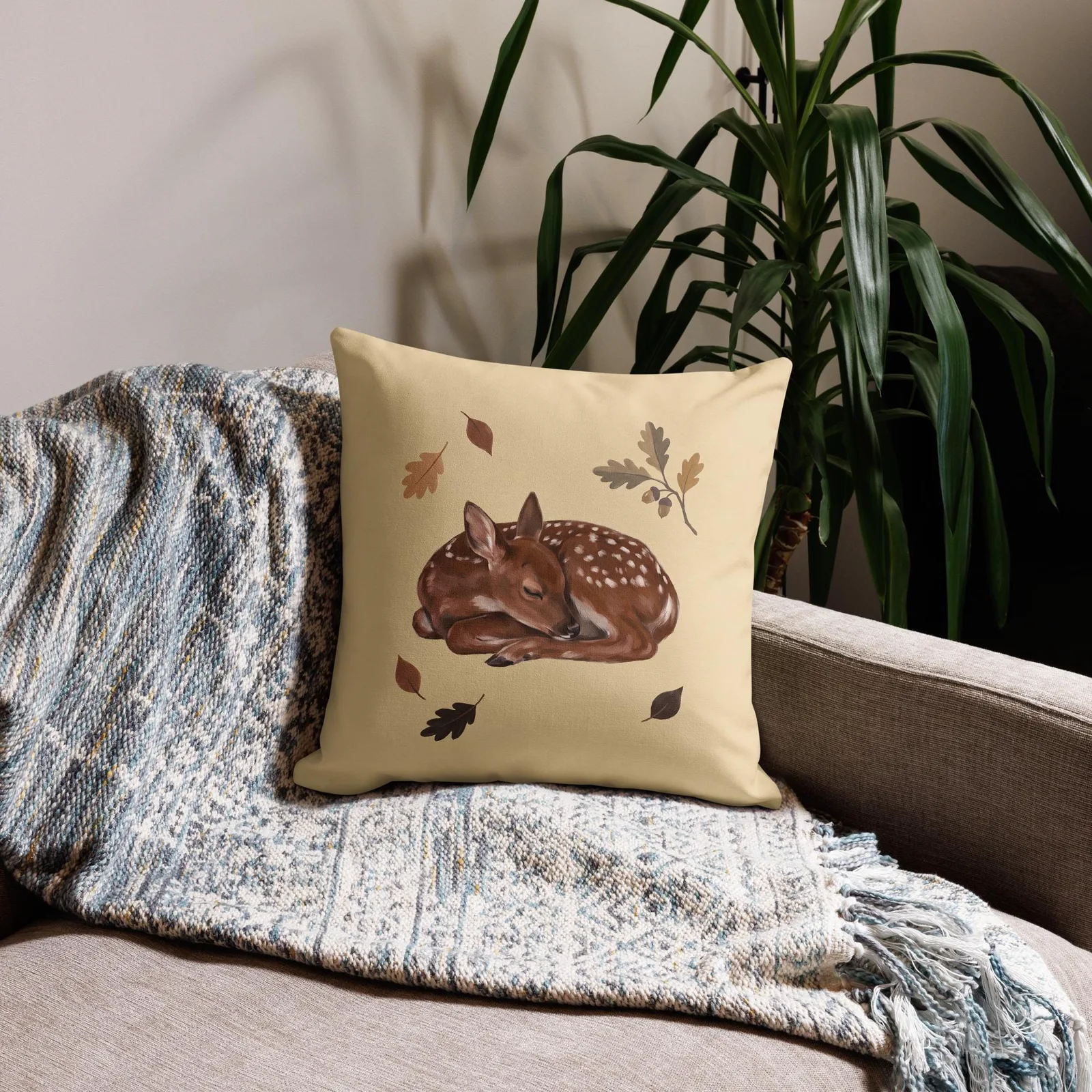 Sleeping Fawn Throw Pillow: Autumn Woodland Cream Decor Cushion, photo 6