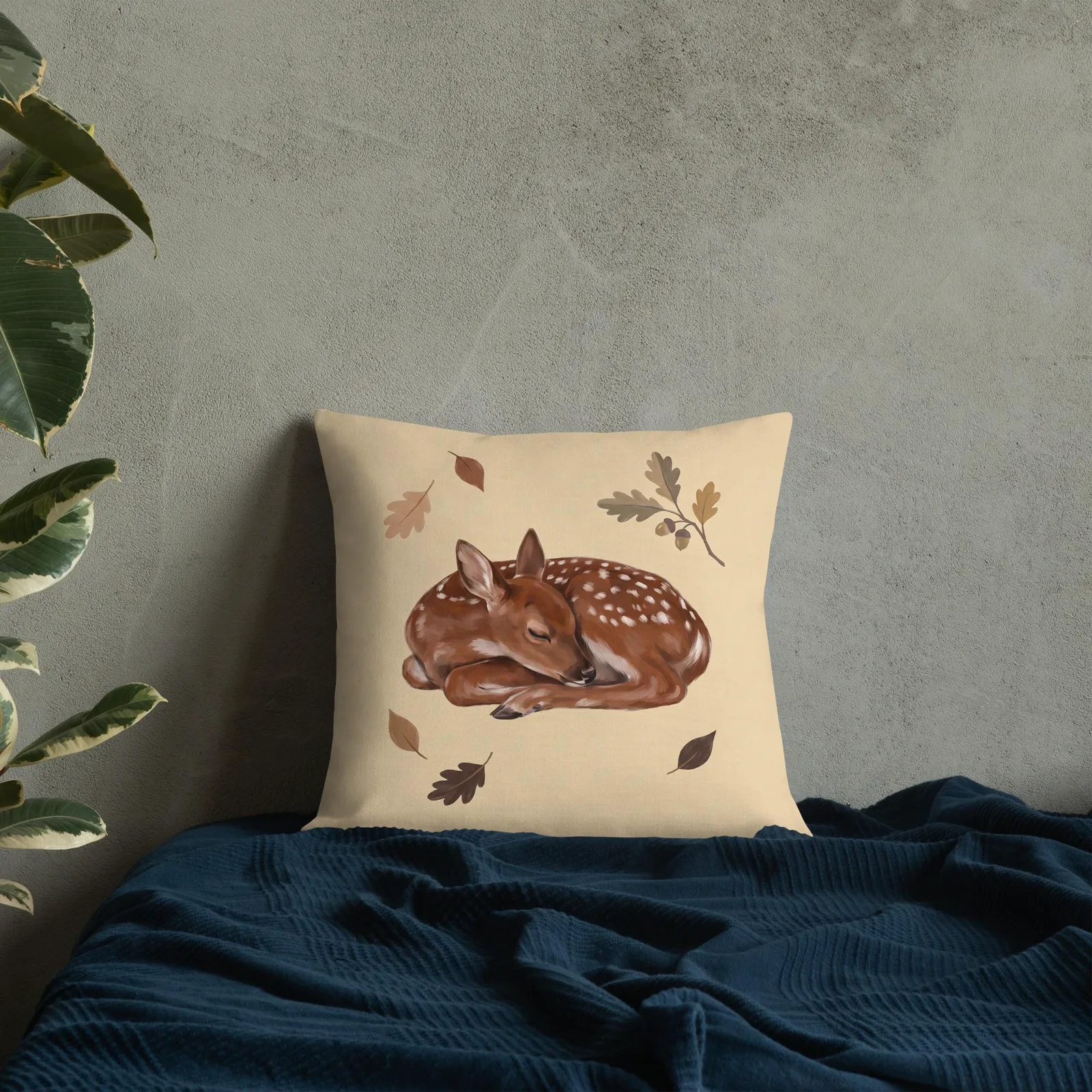 Sleeping Fawn Throw Pillow: Autumn Woodland Cream Decor Cushion, photo 8