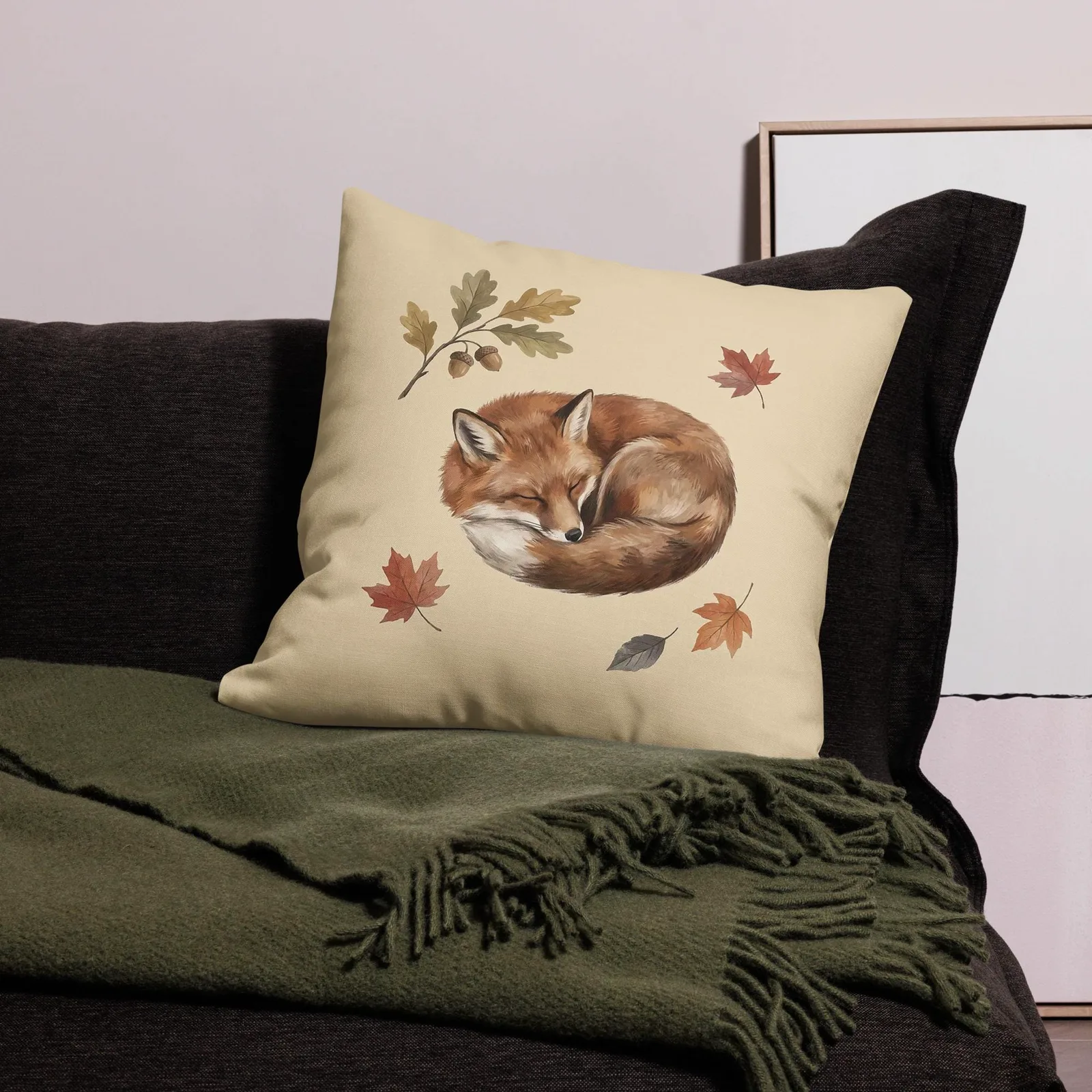 Sleeping Fox Throw Pillow: Cream Woodland Decor Cushion, photo 9