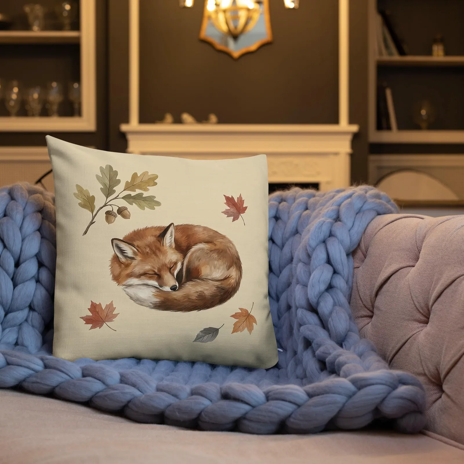 Sleeping Fox Throw Pillow: Cream Woodland Decor Cushion, photo 2