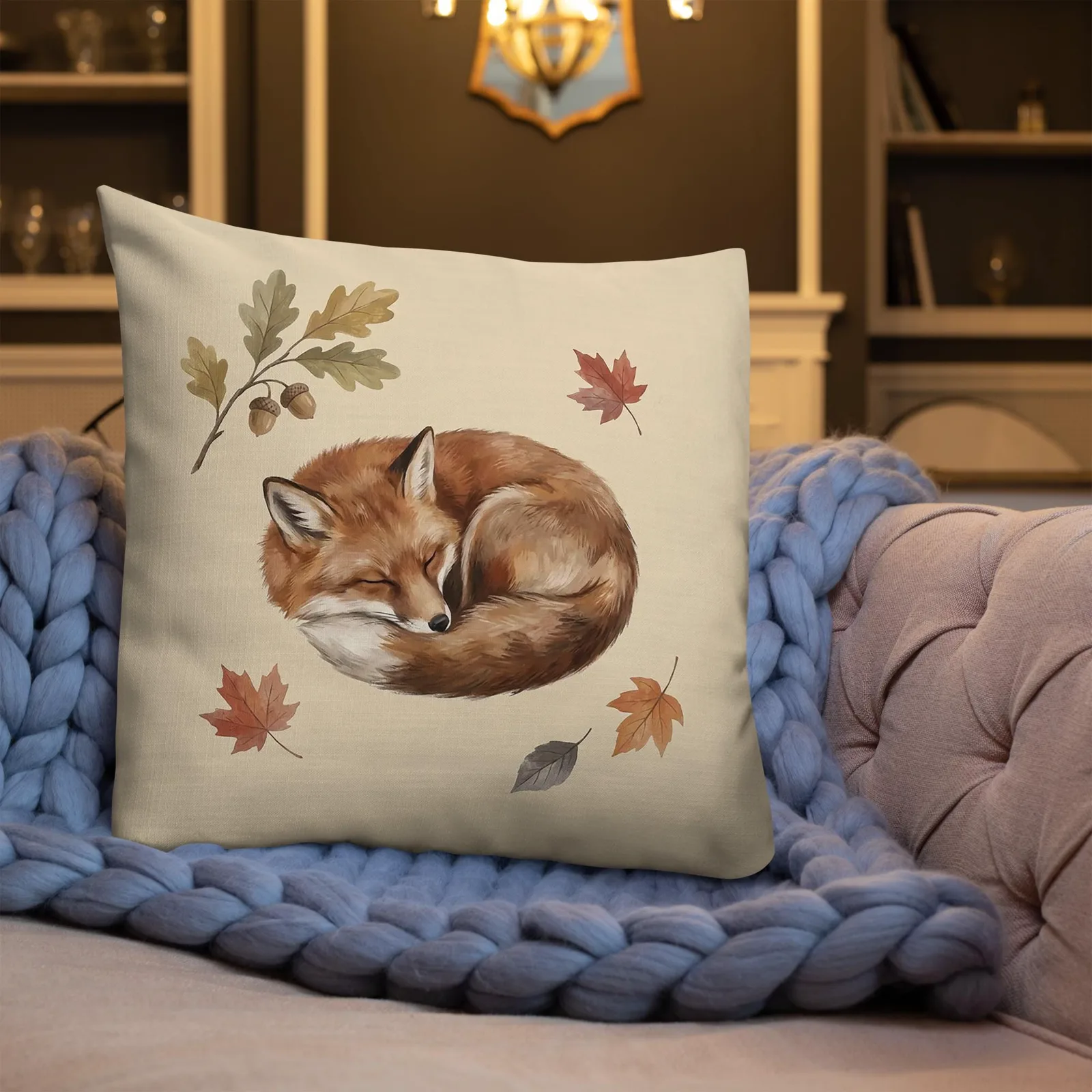Sleeping Fox Throw Pillow: Cream Woodland Decor Cushion, photo 3
