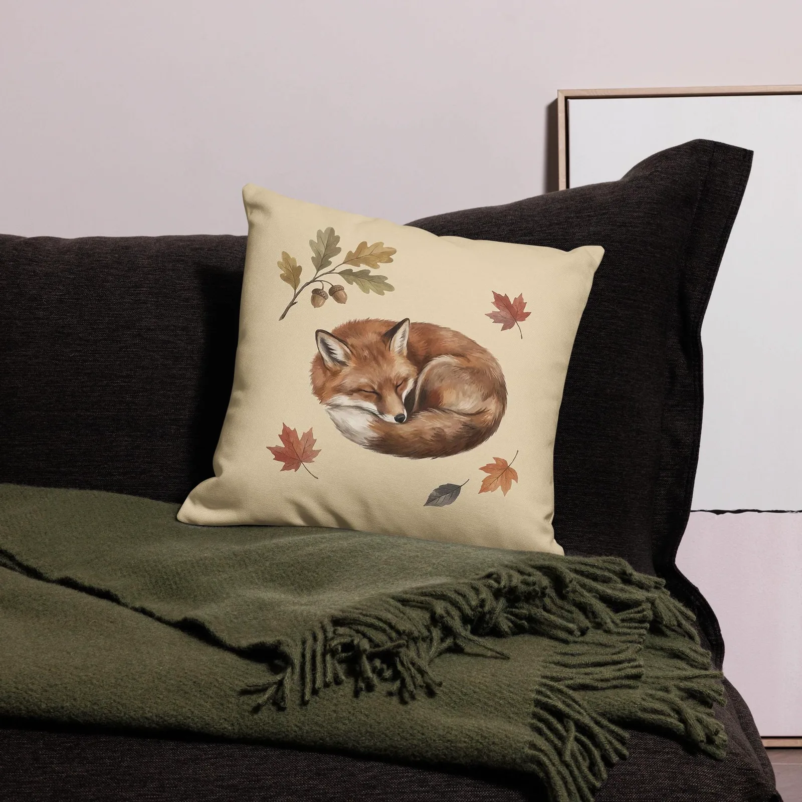 Sleeping Fox Throw Pillow: Cream Woodland Decor Cushion, photo 8