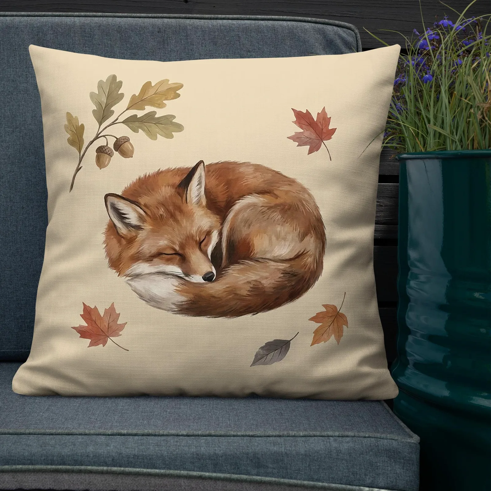 Sleeping Fox Throw Pillow: Cream Woodland Decor Cushion, photo 10