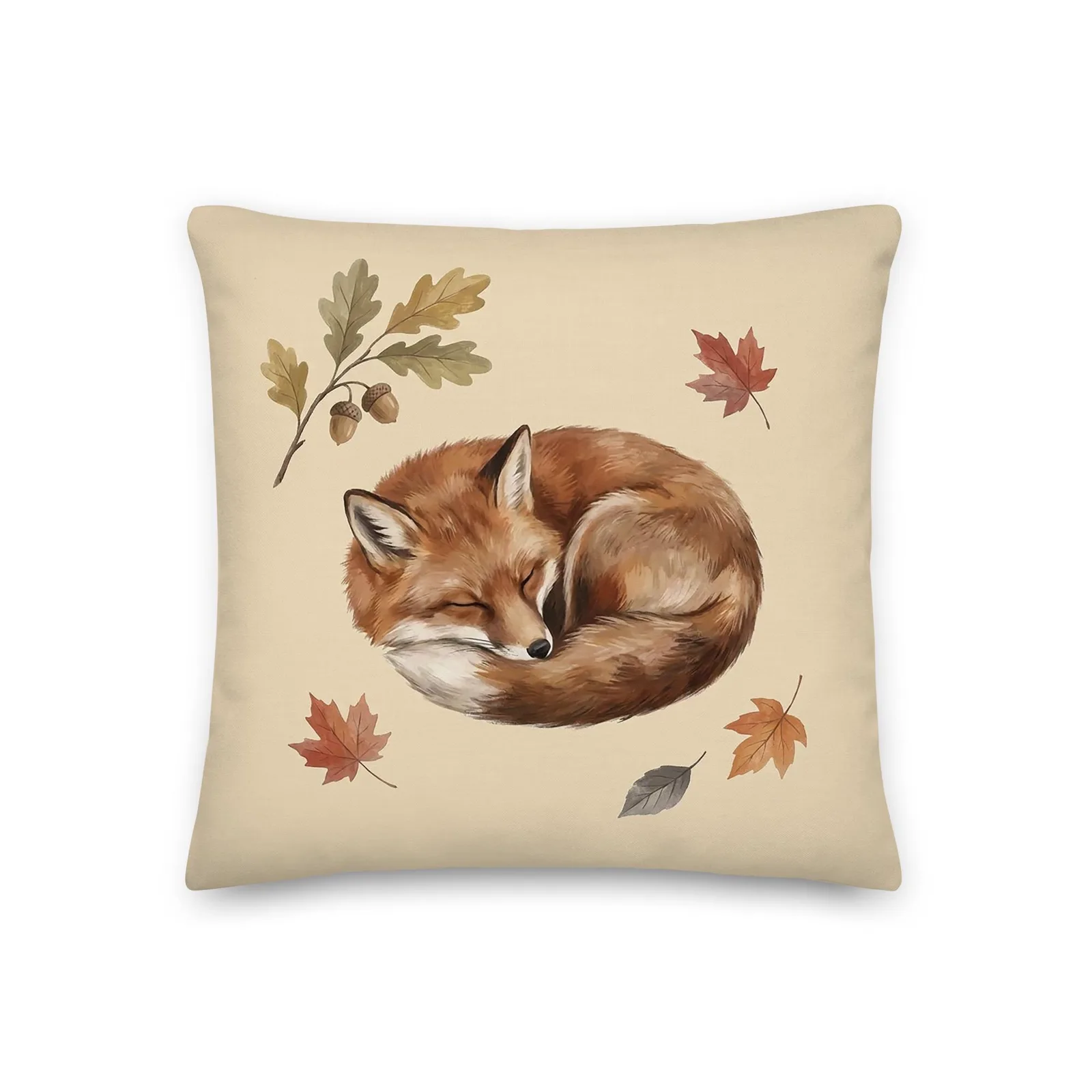 Sleeping Fox Throw Pillow: Cream Woodland Decor Cushion