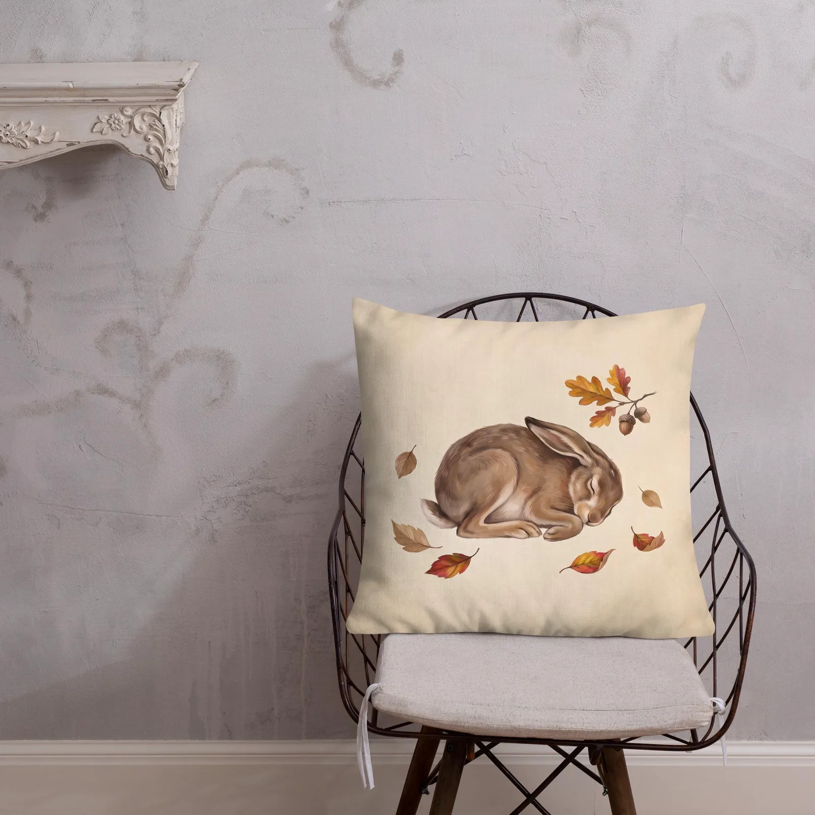 Sleeping Hare Throw Pillow: Cream Forest Animal Decor Cushion, photo 5
