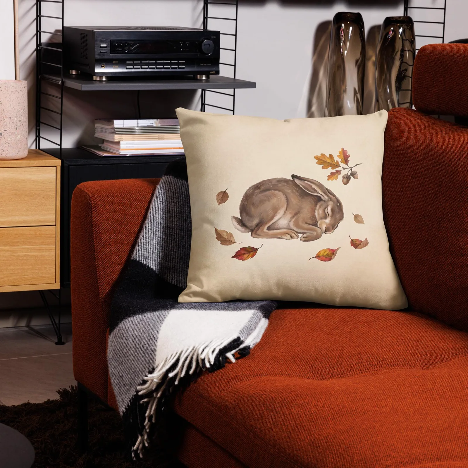 Sleeping Hare Throw Pillow: Cream Forest Animal Decor Cushion, photo 7