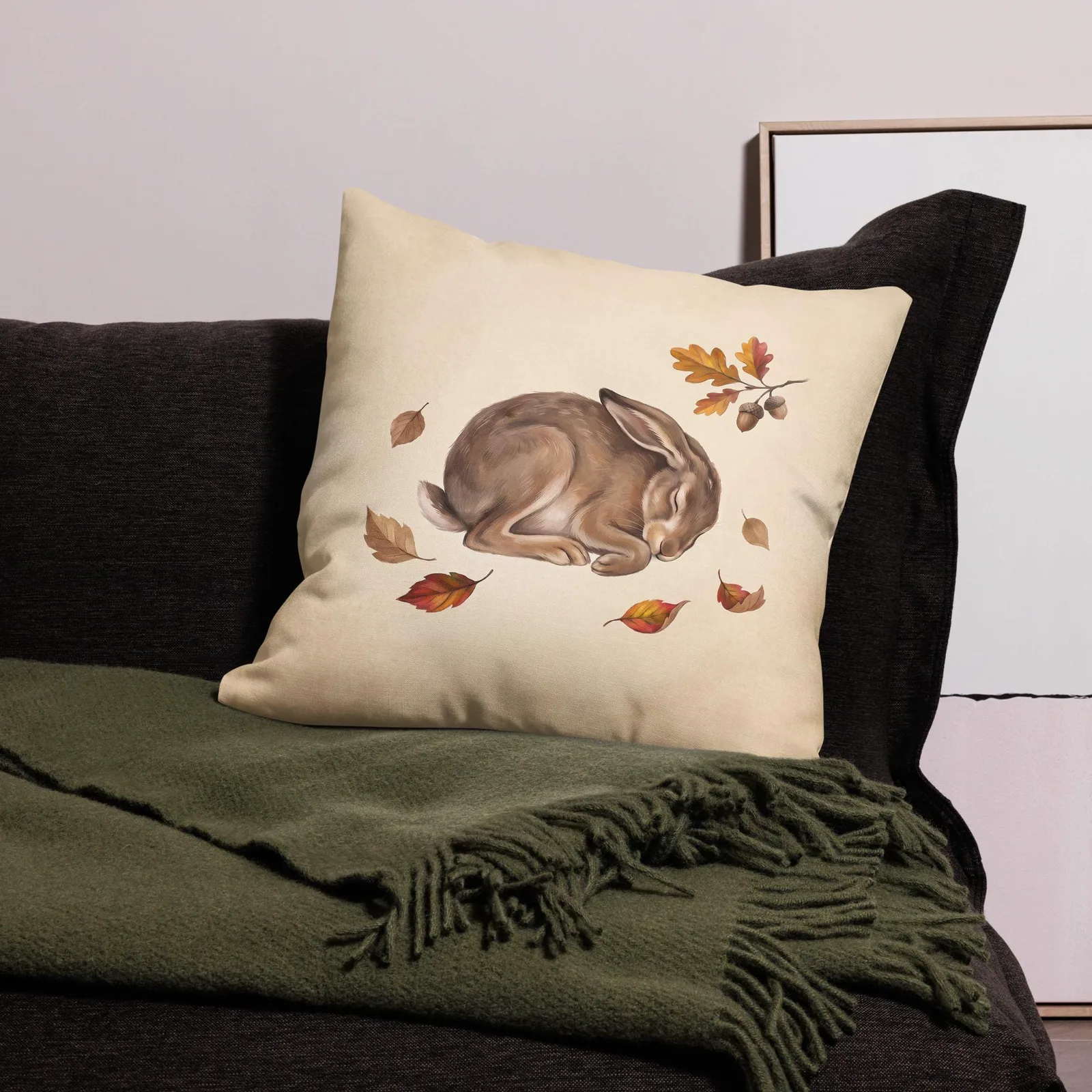 Sleeping Hare Throw Pillow: Cream Forest Animal Decor Cushion, photo 10