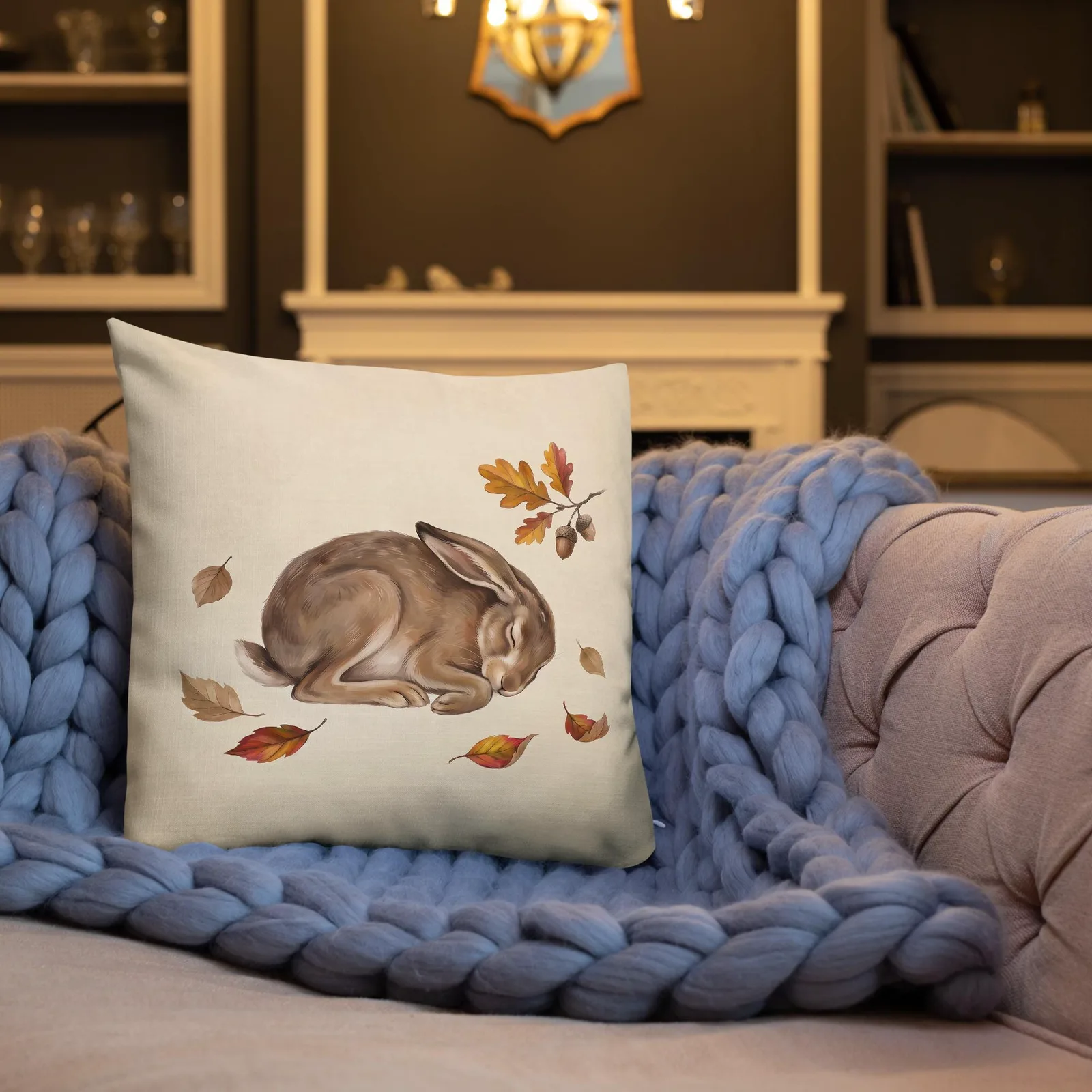 Sleeping Hare Throw Pillow: Cream Forest Animal Decor Cushion, photo 2